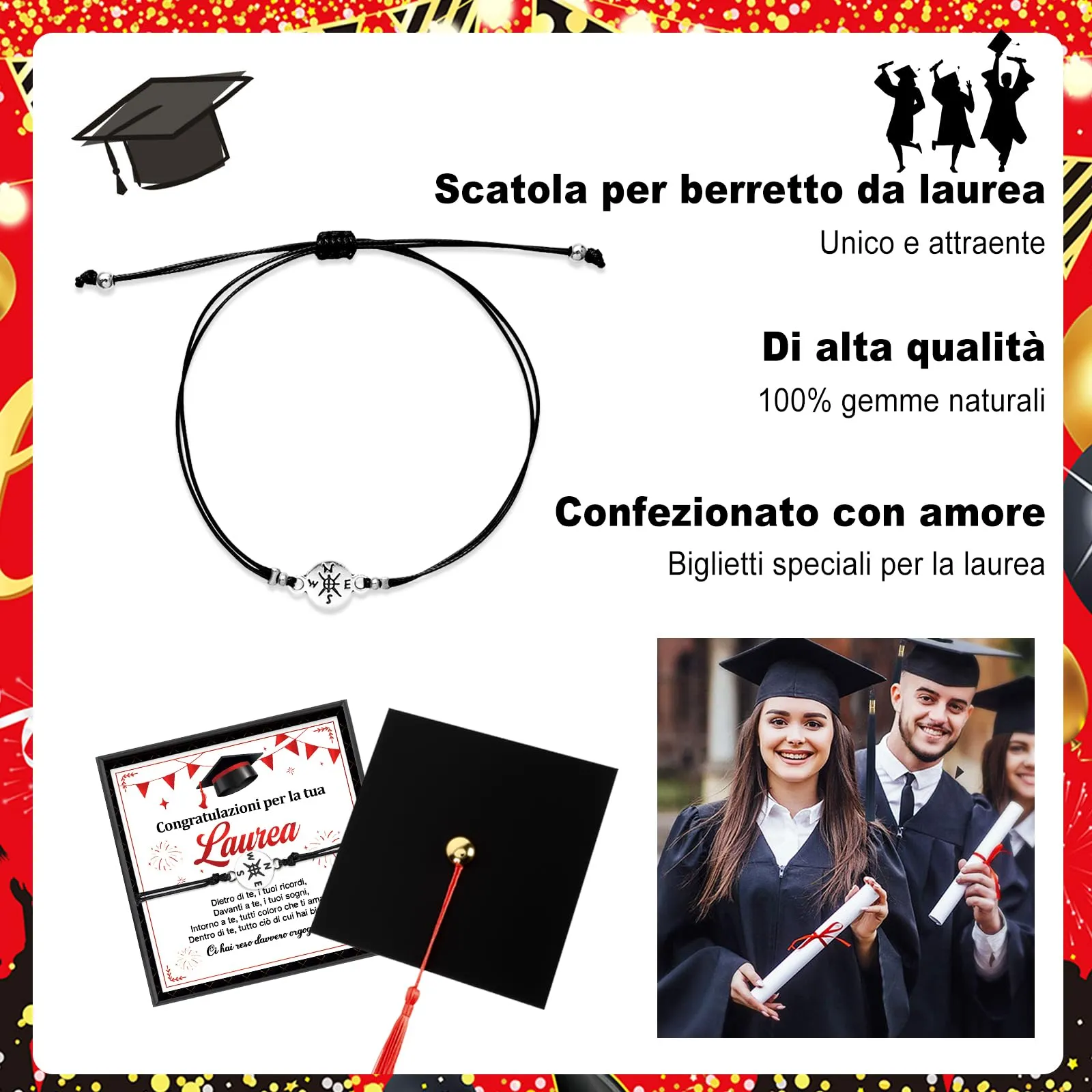 HOWAF Regalo Laurea Donna Uomo, Bracciale Laurea con Biglietto, Scatole, Gadget Laurea, Regali per Laureata Laureato Dottoressa Dottore, C - immagine 3