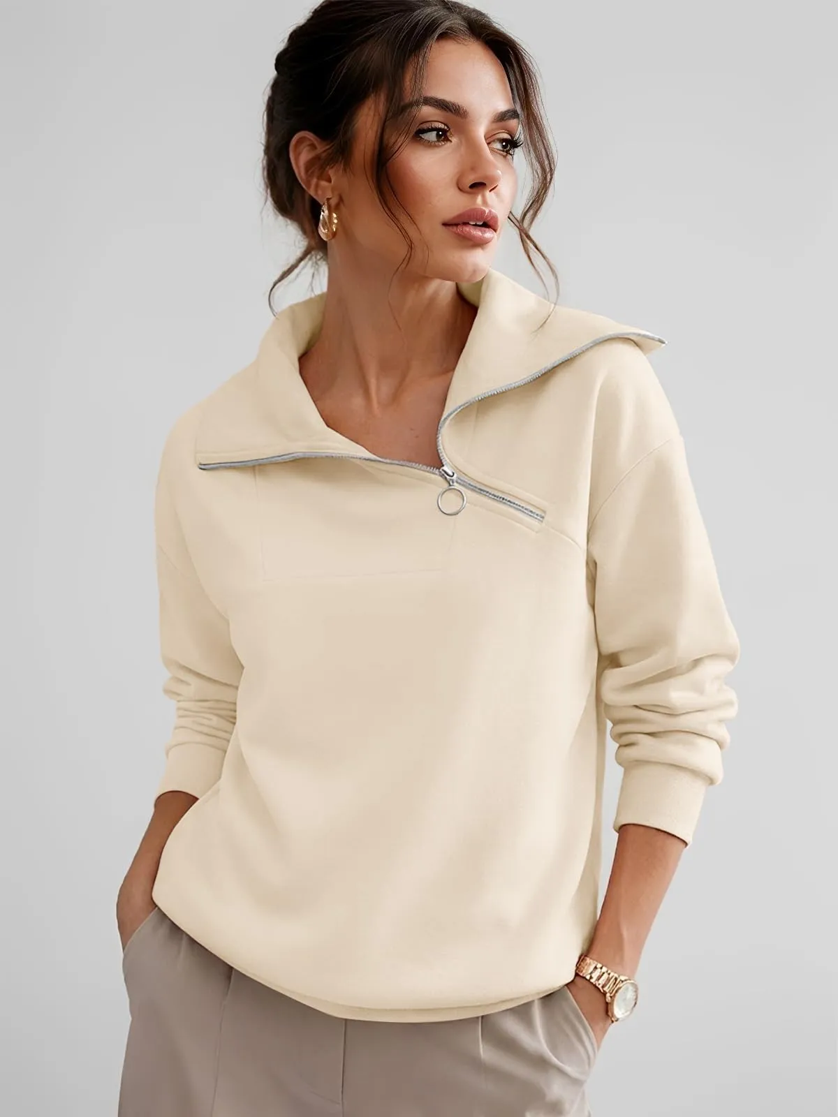 CUPTACC Felpa Donna Mezza Zip Manica Lunga Pullover Albicocca XL 46-48 - immagine 2