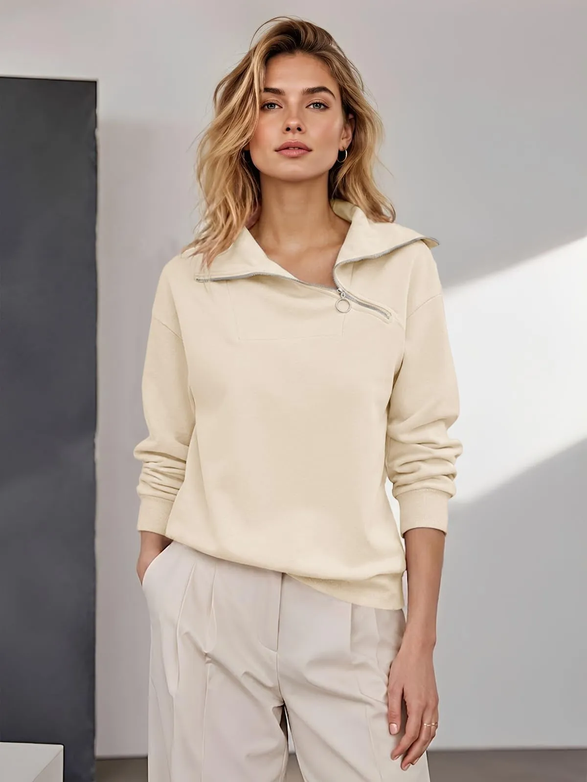 CUPTACC Felpa Donna Mezza Zip Manica Lunga Pullover Albicocca XL 46-48 - immagine 3