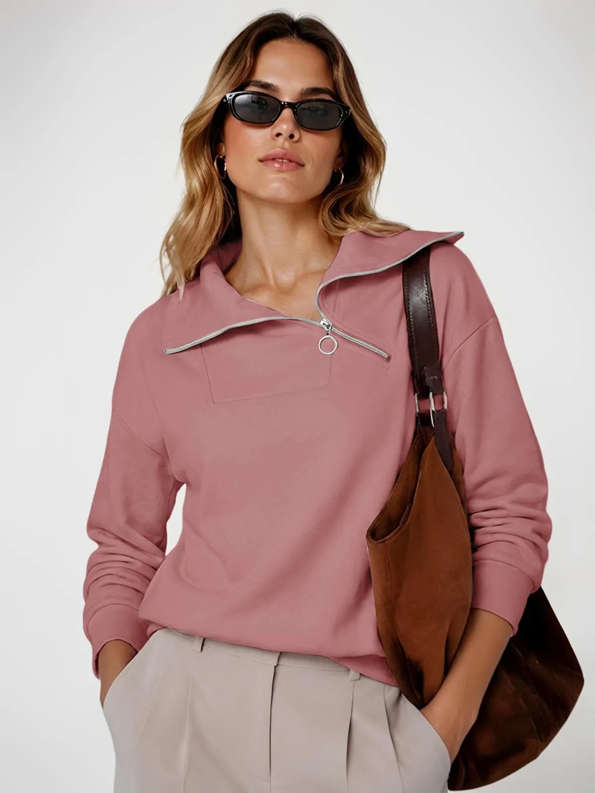 CUPTACC Felpa Donna Mezza Zip Manica Lunga Pullover Rosa Scuro L 42-44 - immagine 4