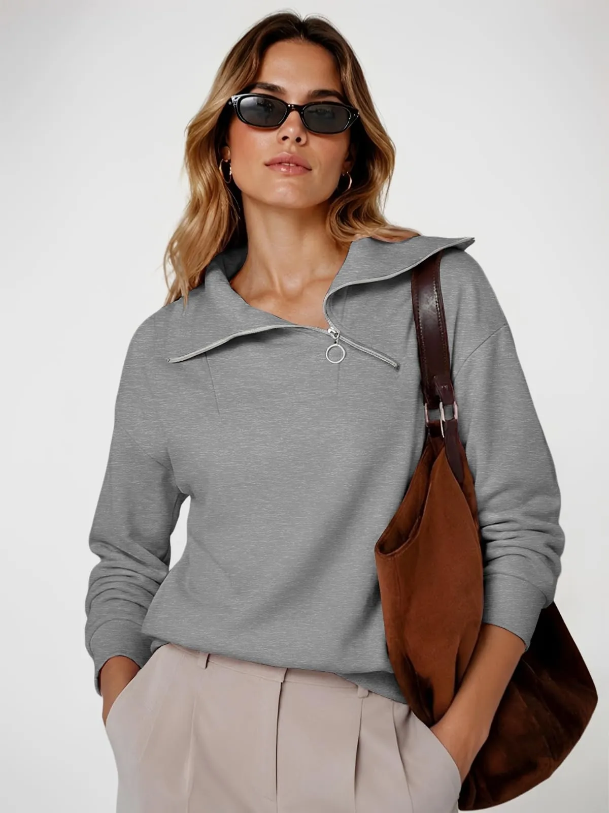 CUPTACC Felpa Donna Mezza Zip Manica Lunga Pullover Grigio Scuro L 42-44 - immagine 4
