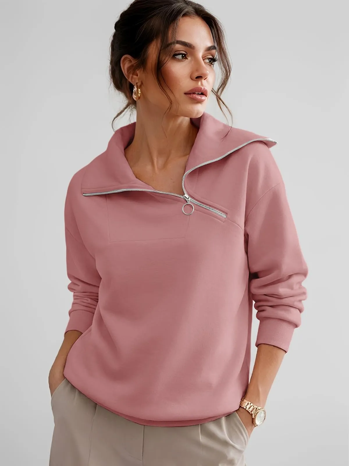 CUPTACC Felpa Donna Mezza Zip Manica Lunga Pullover Rosa Scuro XL 46-48 - immagine 2