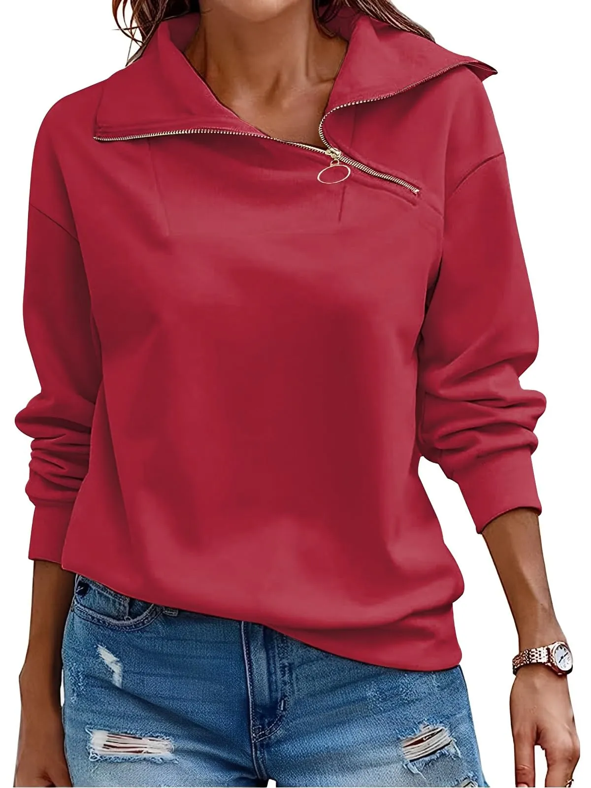 CUPTACC Felpa Donna Con Zip Scollo a V Camicia Autunno Rosso L 42-44 - immagine 1
