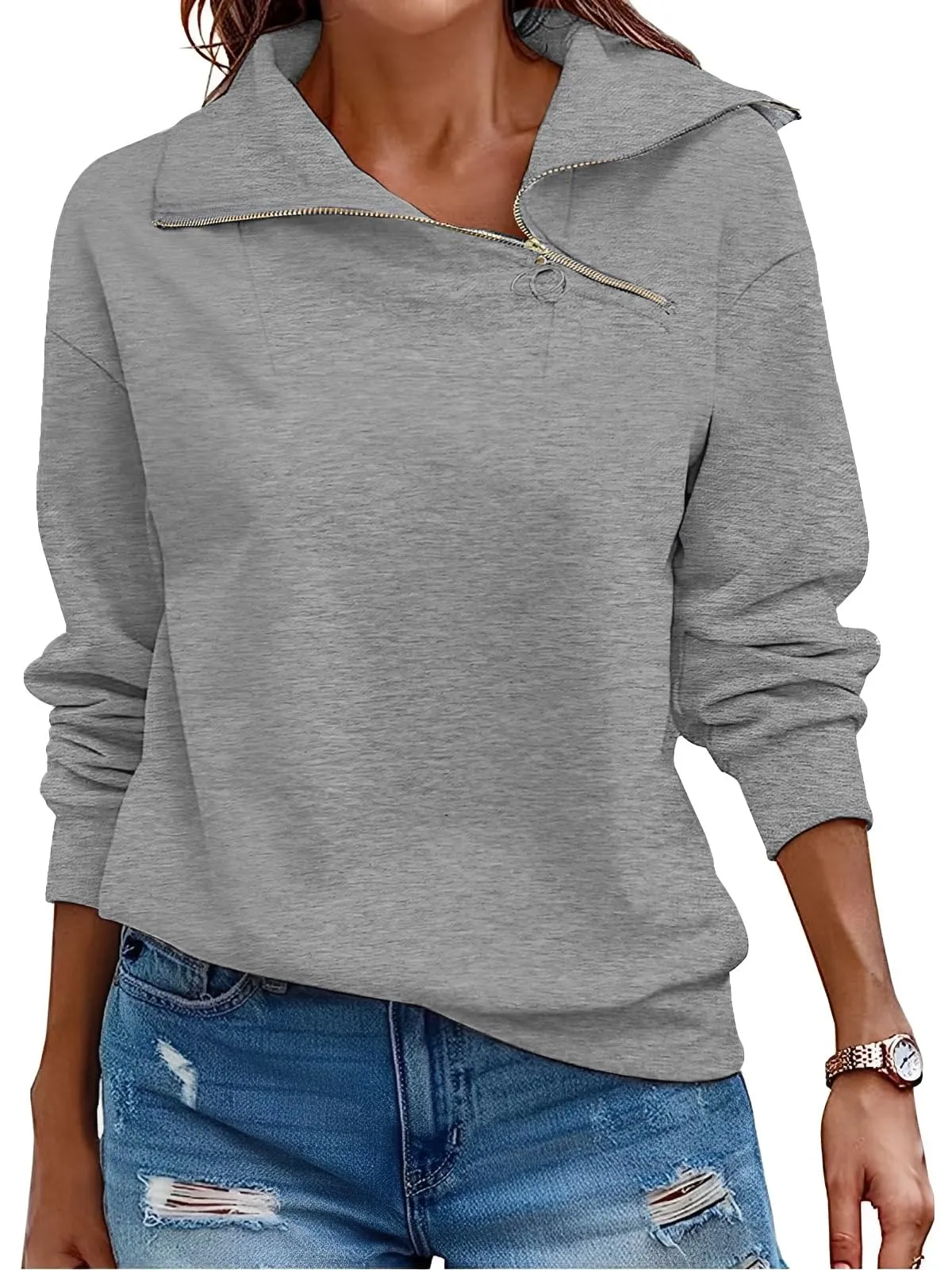 CUPTACC Felpa Donna Mezza Zip Maglia Manica Lunga Grigio Scuro XL 46-48 - immagine 1