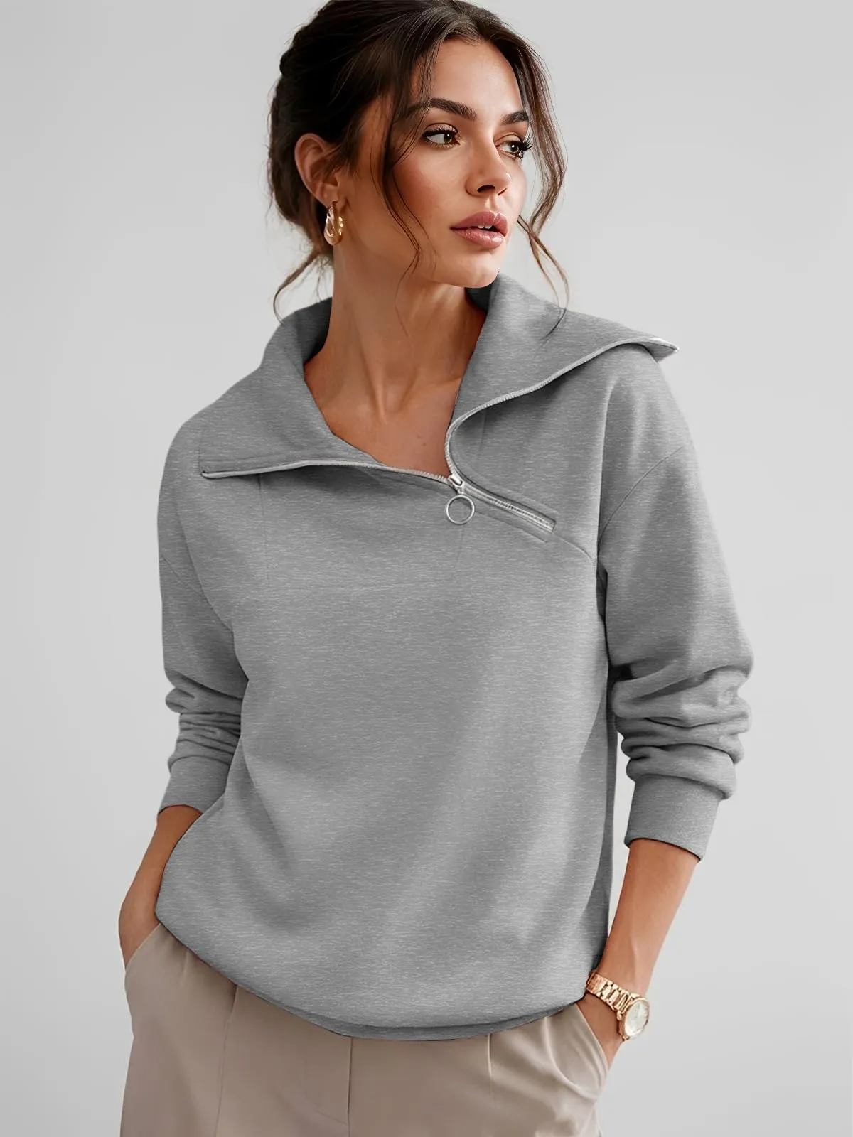 CUPTACC Felpa Donna Mezza Zip Maglia Manica Lunga Grigio Scuro XL 46-48 - immagine 2