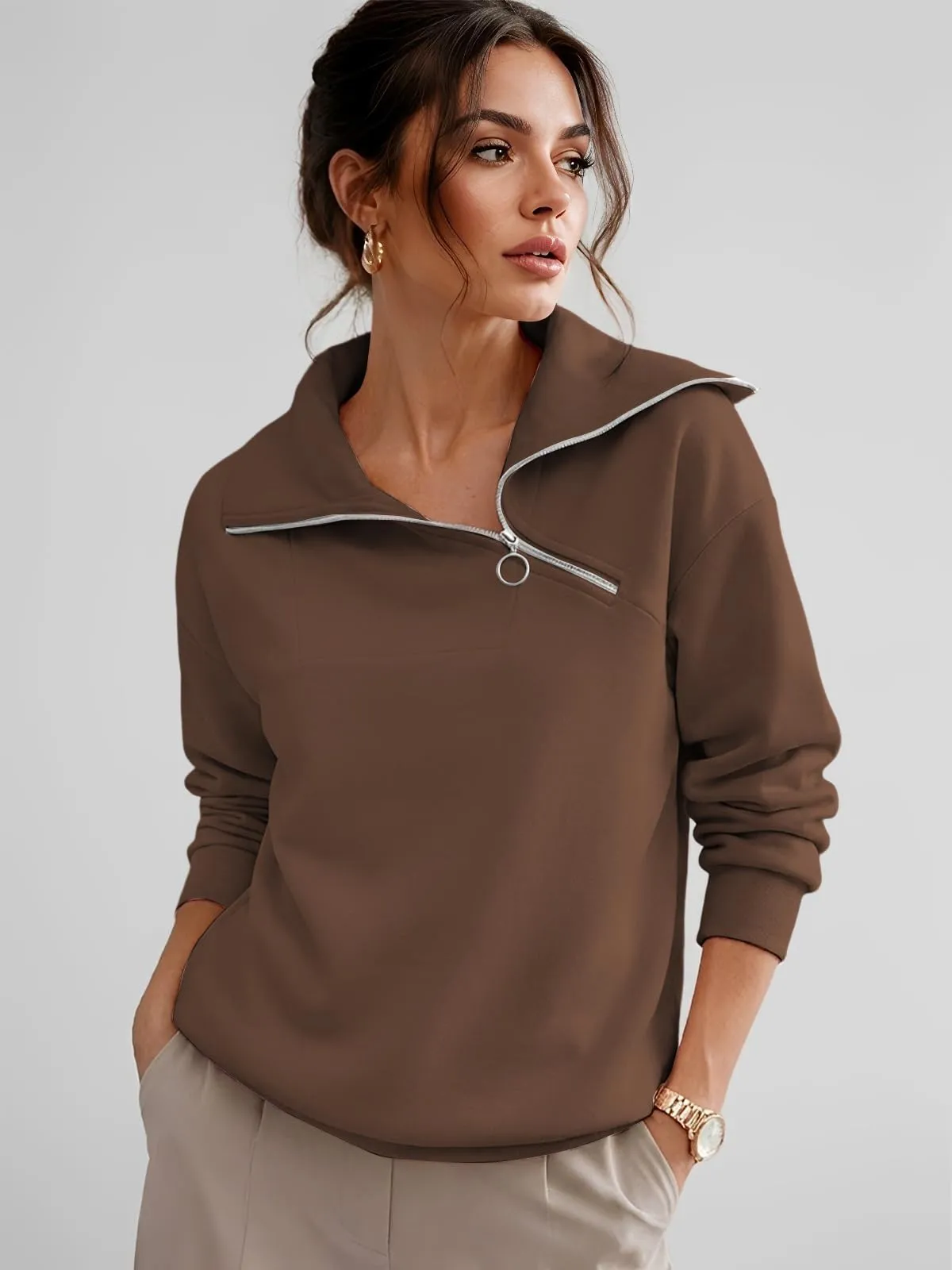 CUPTACC Felpa Donna Mezza Zip Maglia Manica Lunga Pullover Marrone L 42-44 - immagine 2