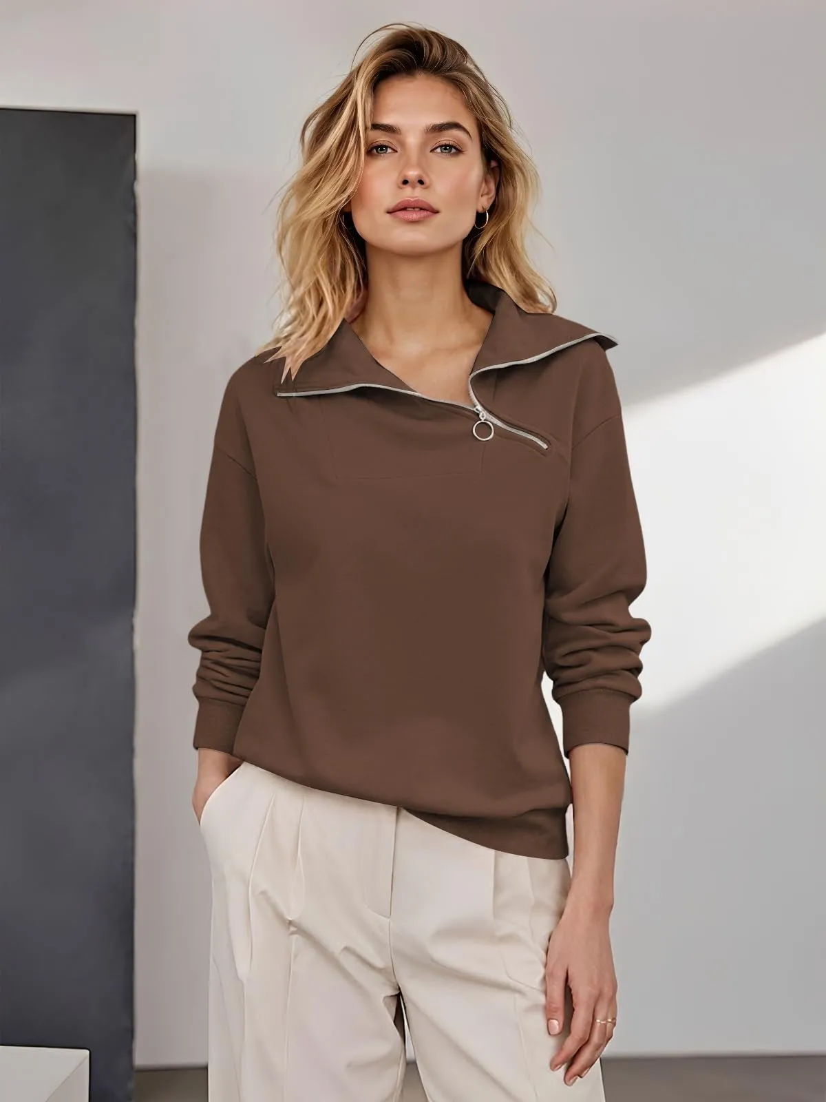 CUPTACC Felpa Donna Mezza Zip Maglia Manica Lunga Pullover Marrone L 42-44 - immagine 3