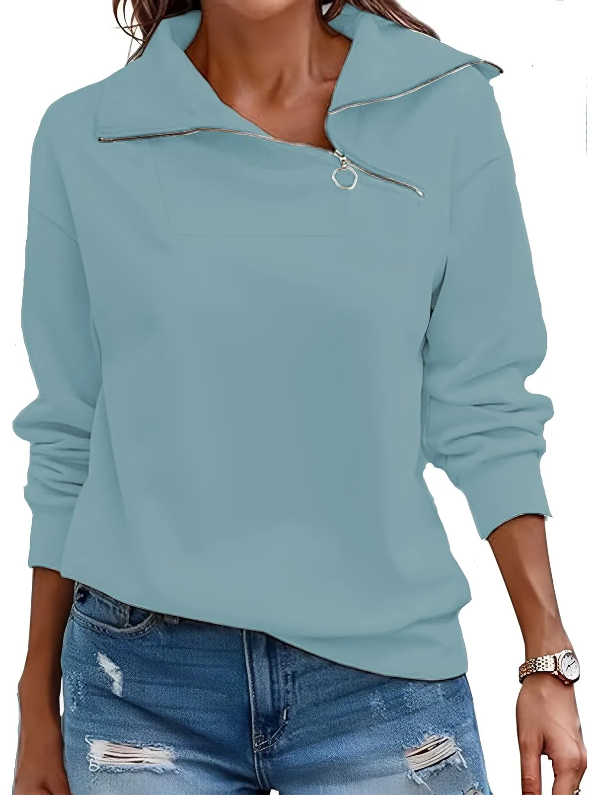 CUPTACC Felpa Donna Con Zip Scollo a V Camicia Autunno Blu Chiaro L 42-44 - immagine 1