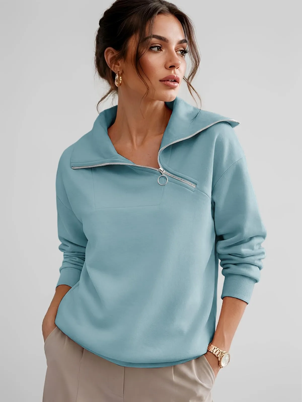 CUPTACC Felpa Donna Con Zip Scollo a V Camicia Autunno Blu Chiaro L 42-44 - immagine 2