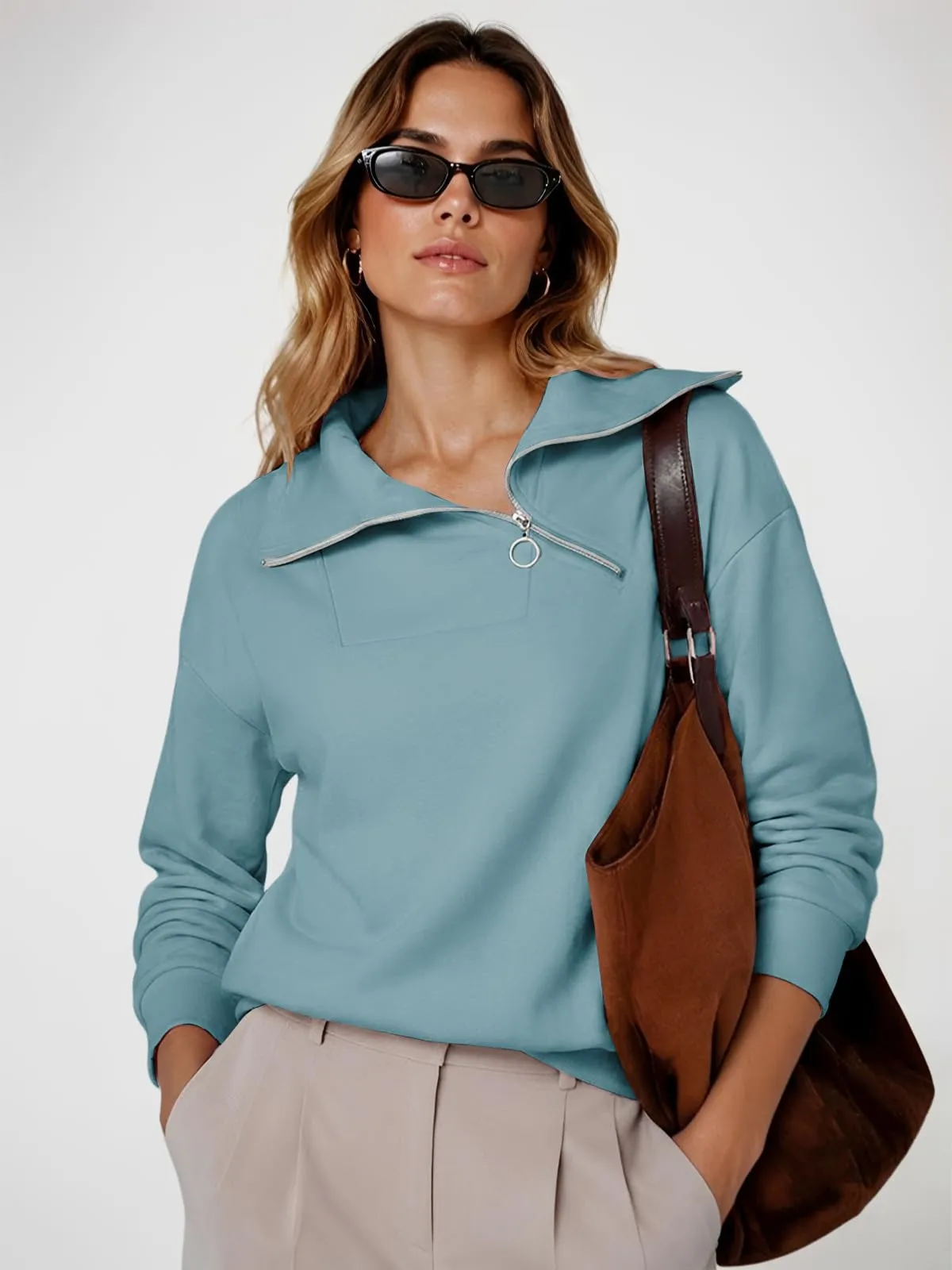 CUPTACC Felpa Donna Con Zip Scollo a V Camicia Autunno Blu Chiaro L 42-44 - immagine 4