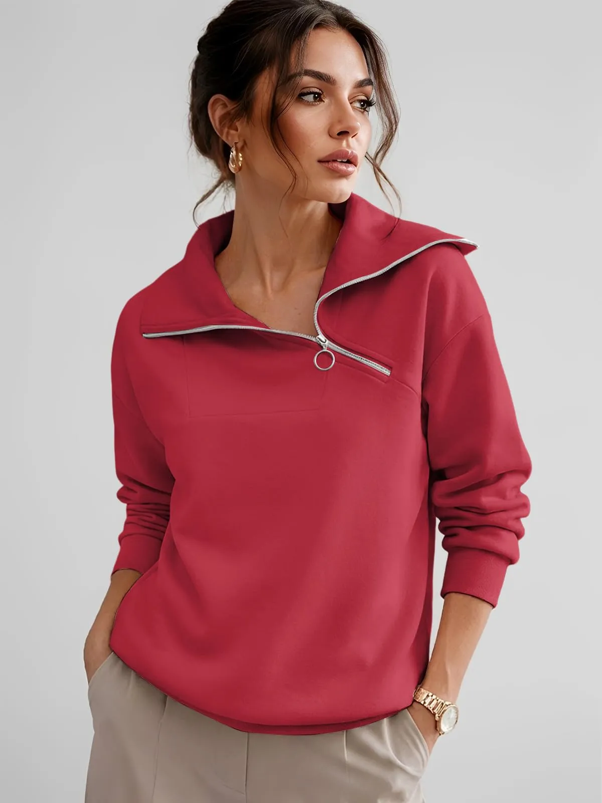 CUPTACC Felpa Donna Con Zip Scollo a V Camicia Autunno Rosso XL 46-48 - immagine 2