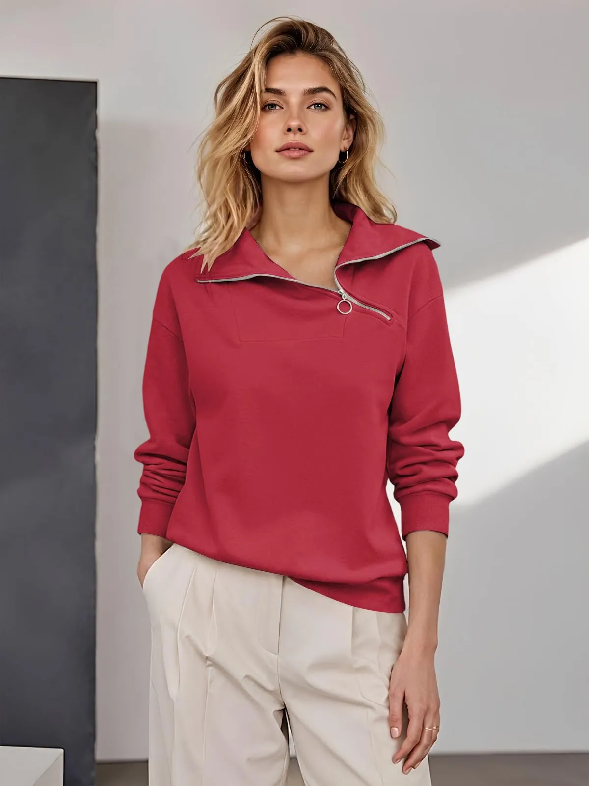 CUPTACC Felpa Donna Con Zip Scollo a V Camicia Autunno Rosso XL 46-48 - immagine 3