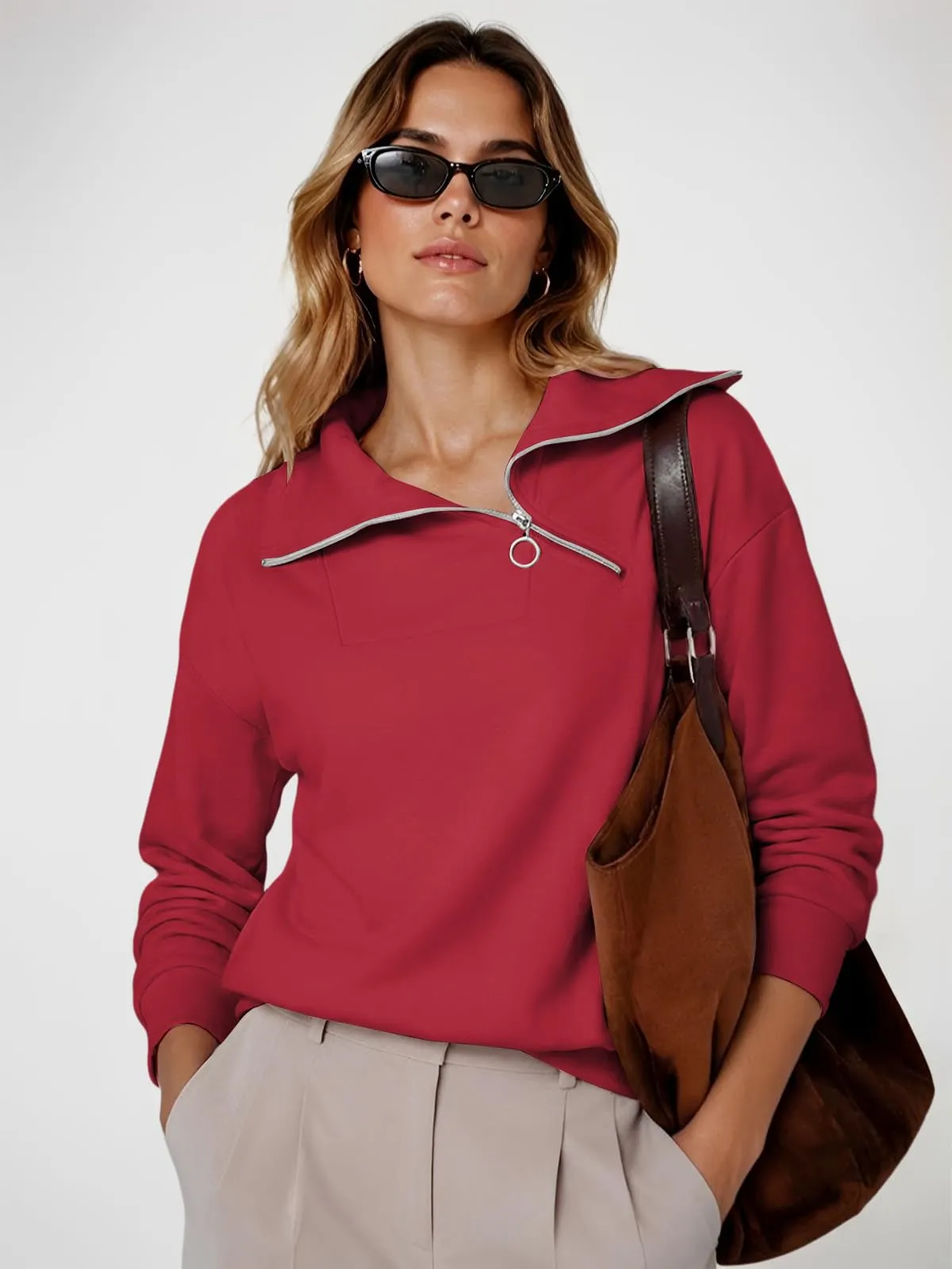 CUPTACC Felpa Donna Invernale High Neck Maglietta Tops Rosso S 36 - immagine 4