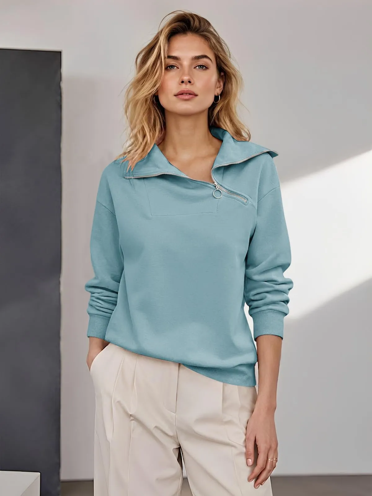 CUPTACC Felpa Donna Con Zip Scollo a V Camicia Autunno Blu Chiaro XL 46-48 - immagine 3