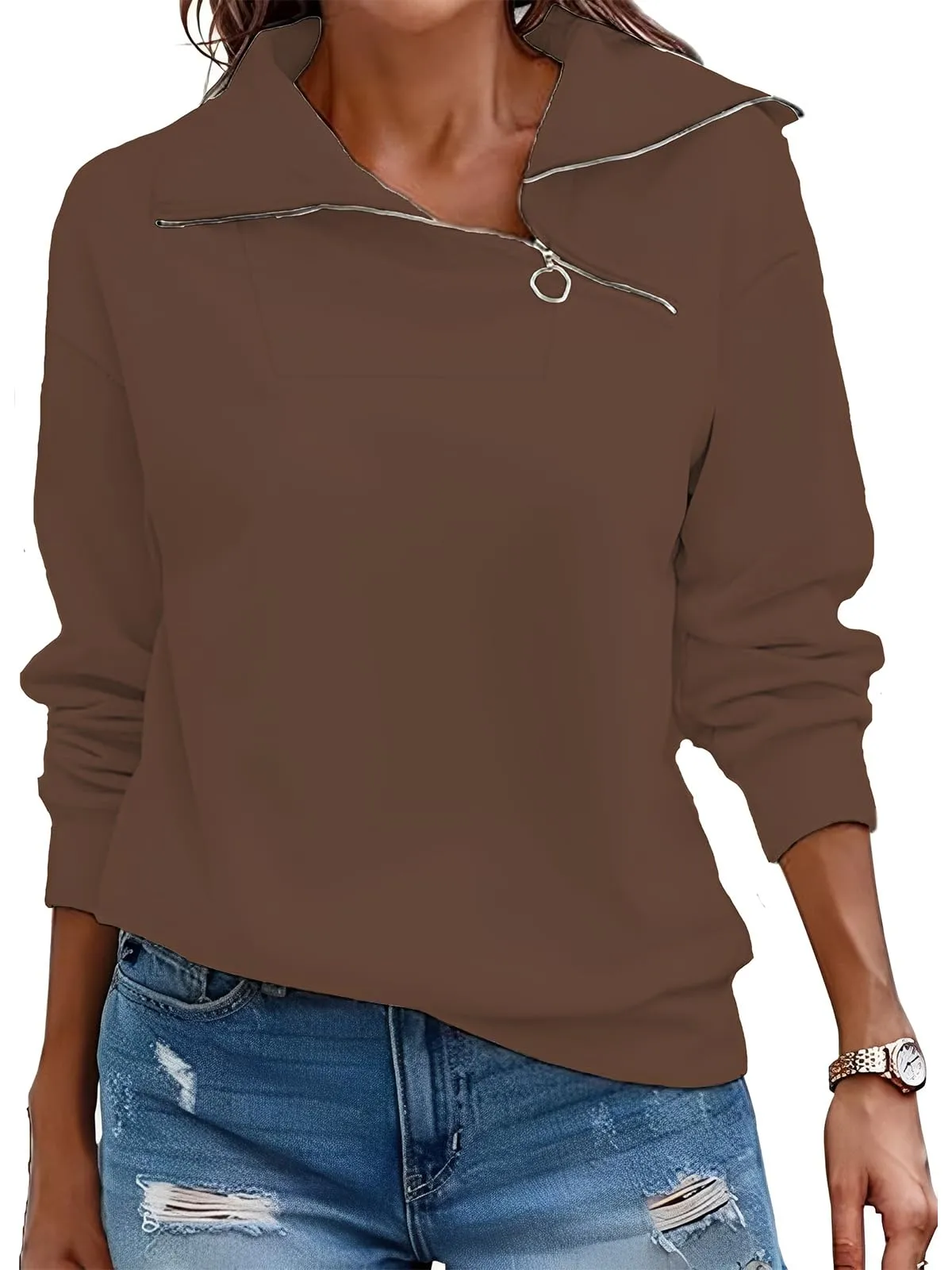 CUPTACC Felpa Donna Mezza Zip Maglia Manica Lunga Pullover Marrone XL 46-48 - immagine 1