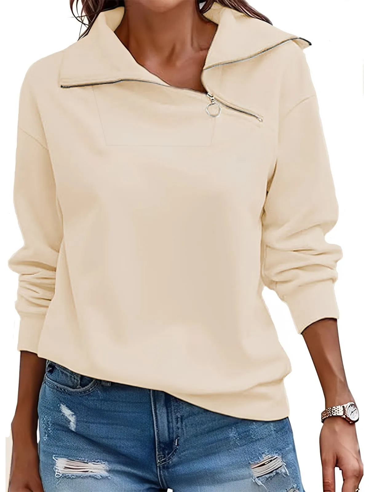 CUPTACC Felpa Donna Con Zip Scollo a V Camicia Autunno Albicocca S 36 - immagine 1