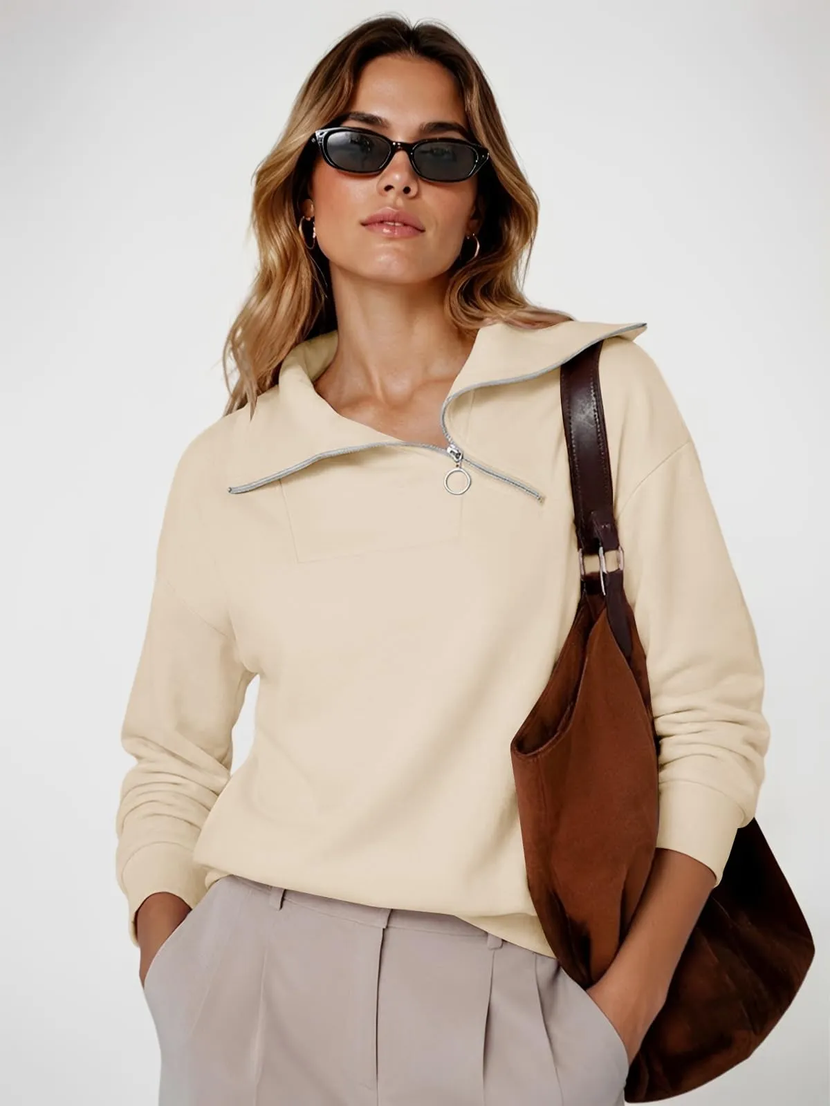 CUPTACC Felpa Donna Con Zip Scollo a V Camicia Autunno Albicocca S 36 - immagine 4