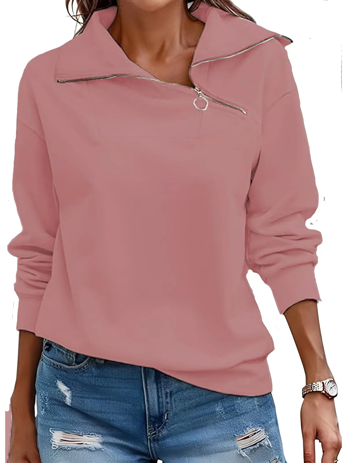 CUPTACC Felpa Donna Con Zip Scollo a V Camicia Autunno Rosa Scuro S 36 - immagine 1