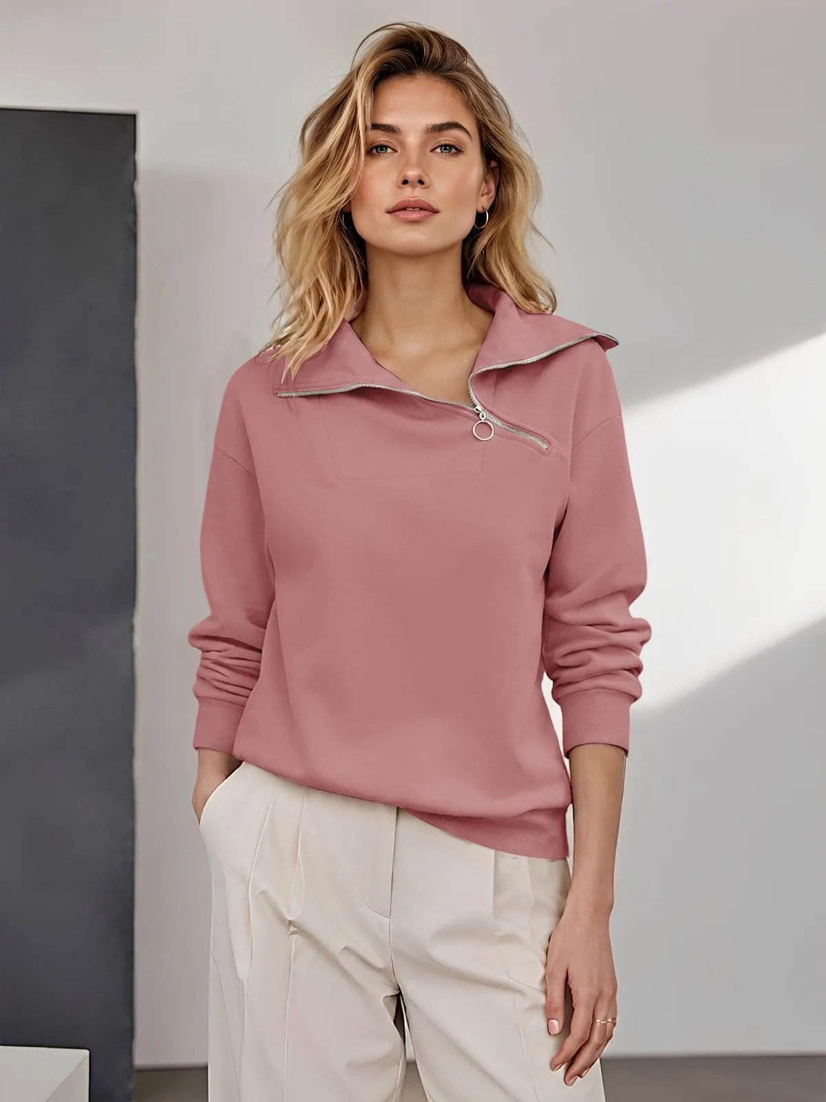 CUPTACC Felpa Donna Con Zip Scollo a V Camicia Autunno Rosa Scuro S 36 - immagine 3