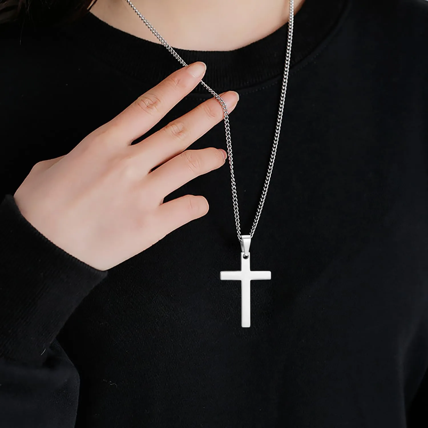 Maykafay Collana Croce Uomo, Croce Collane Girocollo Uomo, Acciaio Inossidabile, Argento - immagine 3