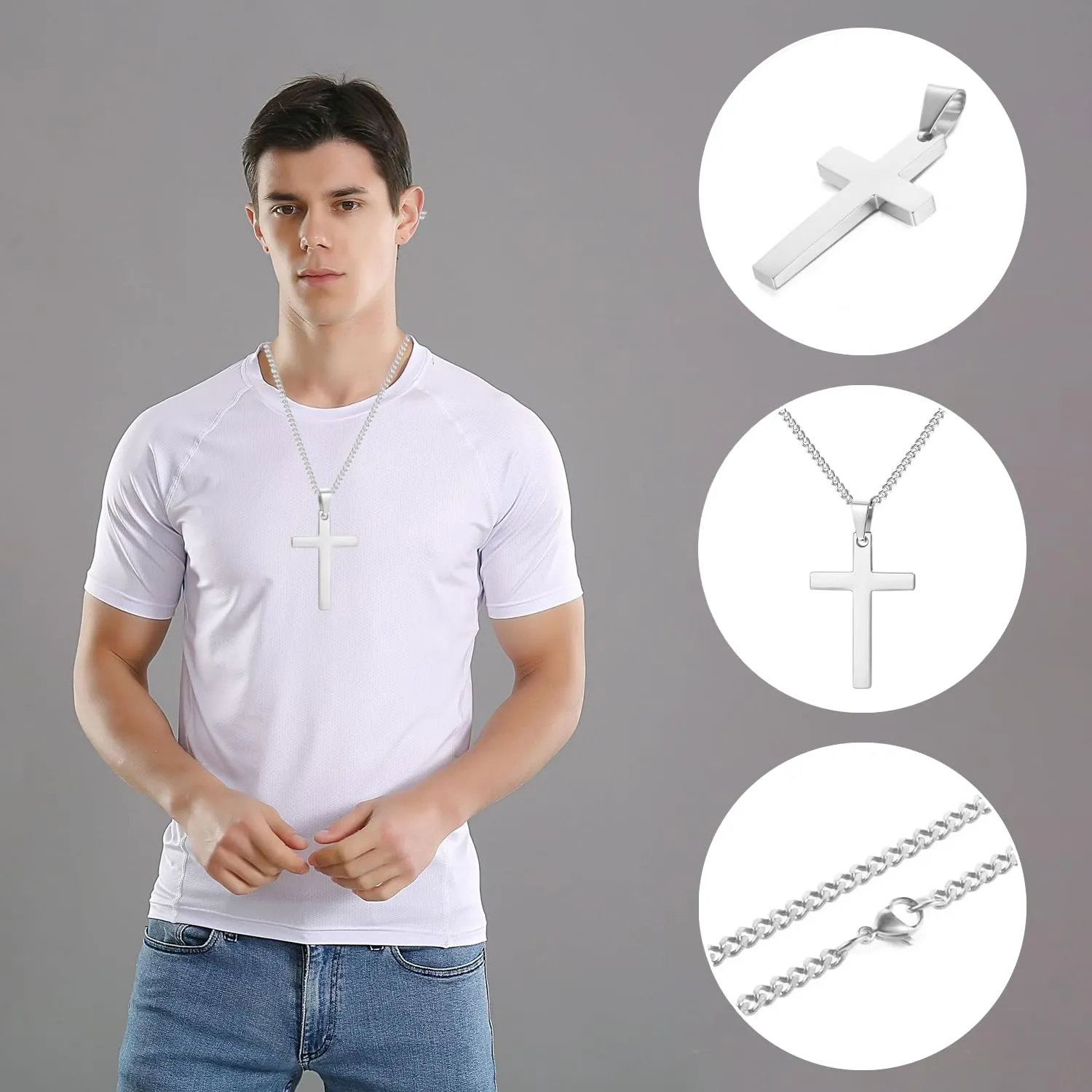 Maykafay Collana Croce Uomo, Croce Collane Girocollo Uomo, Acciaio Inossidabile, Argento - immagine 4