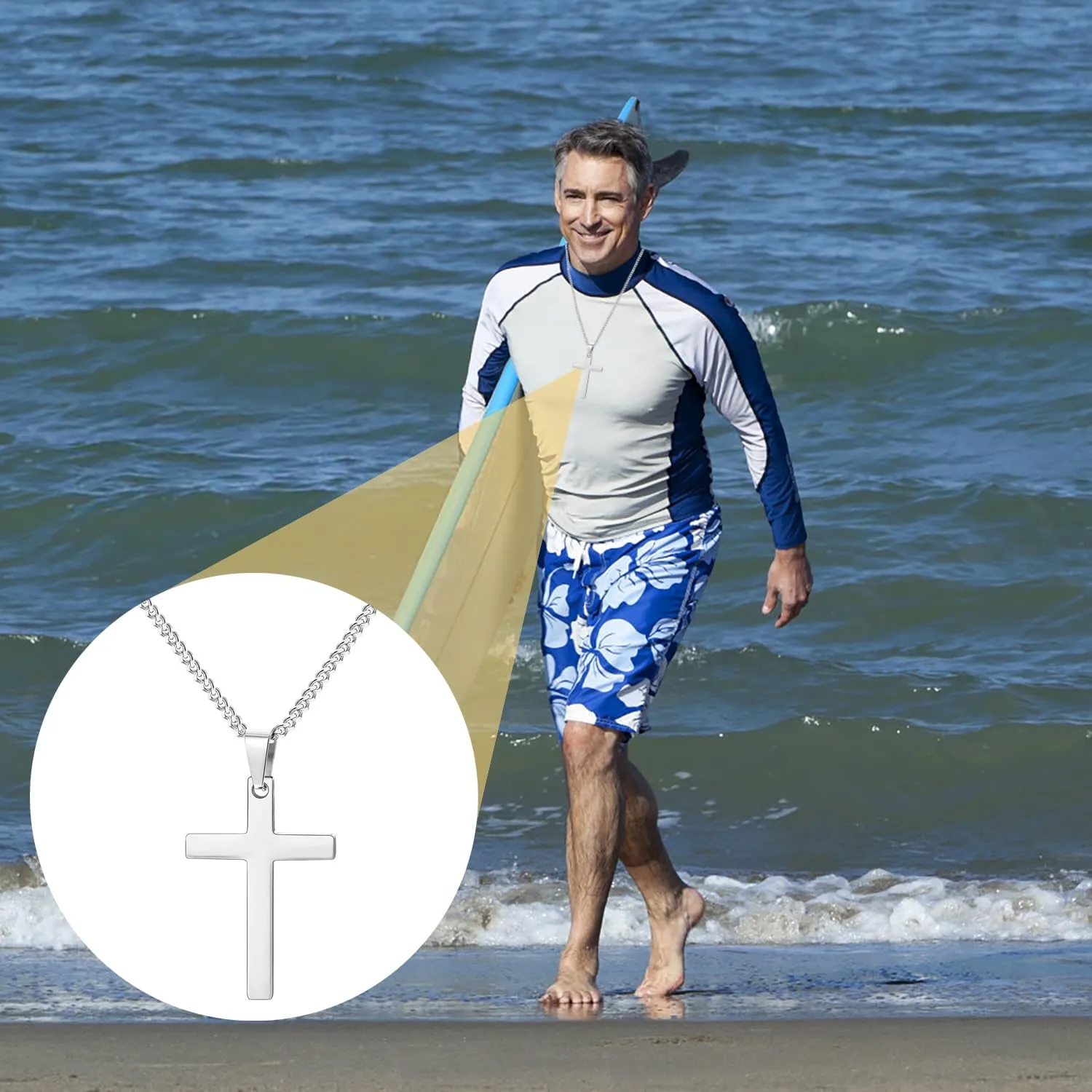 Maykafay Collana Croce Uomo, Croce Collane Girocollo Uomo, Acciaio Inossidabile, Argento - immagine 5