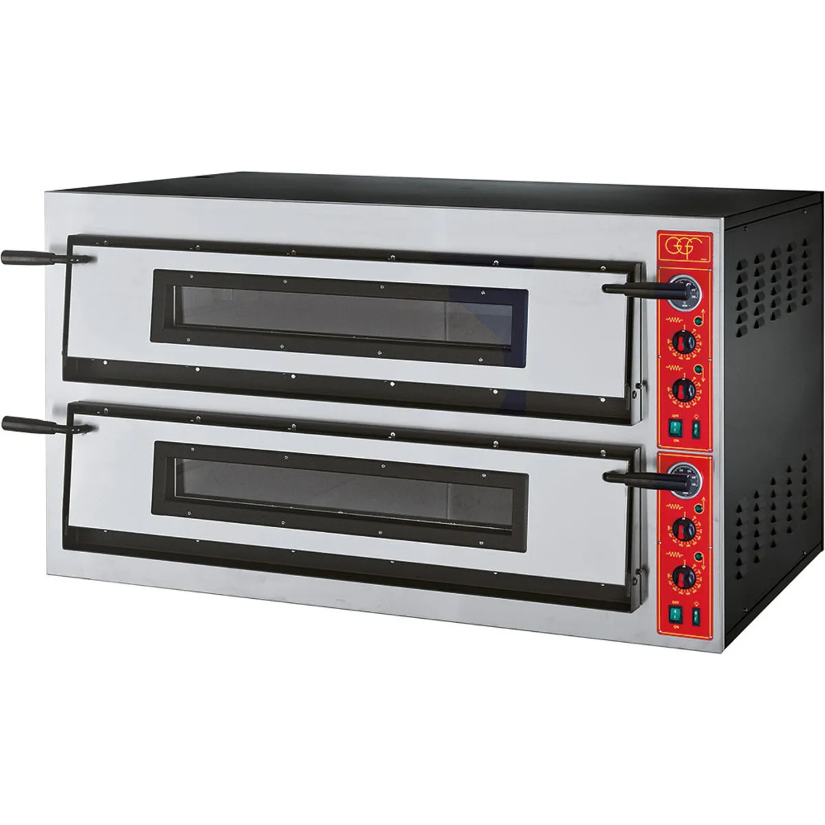 GGF Forno per pizza GGF con due camere per 12 pizze Ø 360 mm, argilla refrattaria solida, 18 kW, 1370 x 850 x 750 mm (LxPxA); 137x85x75 cm (LxPxH); argento/nero - immagine 1