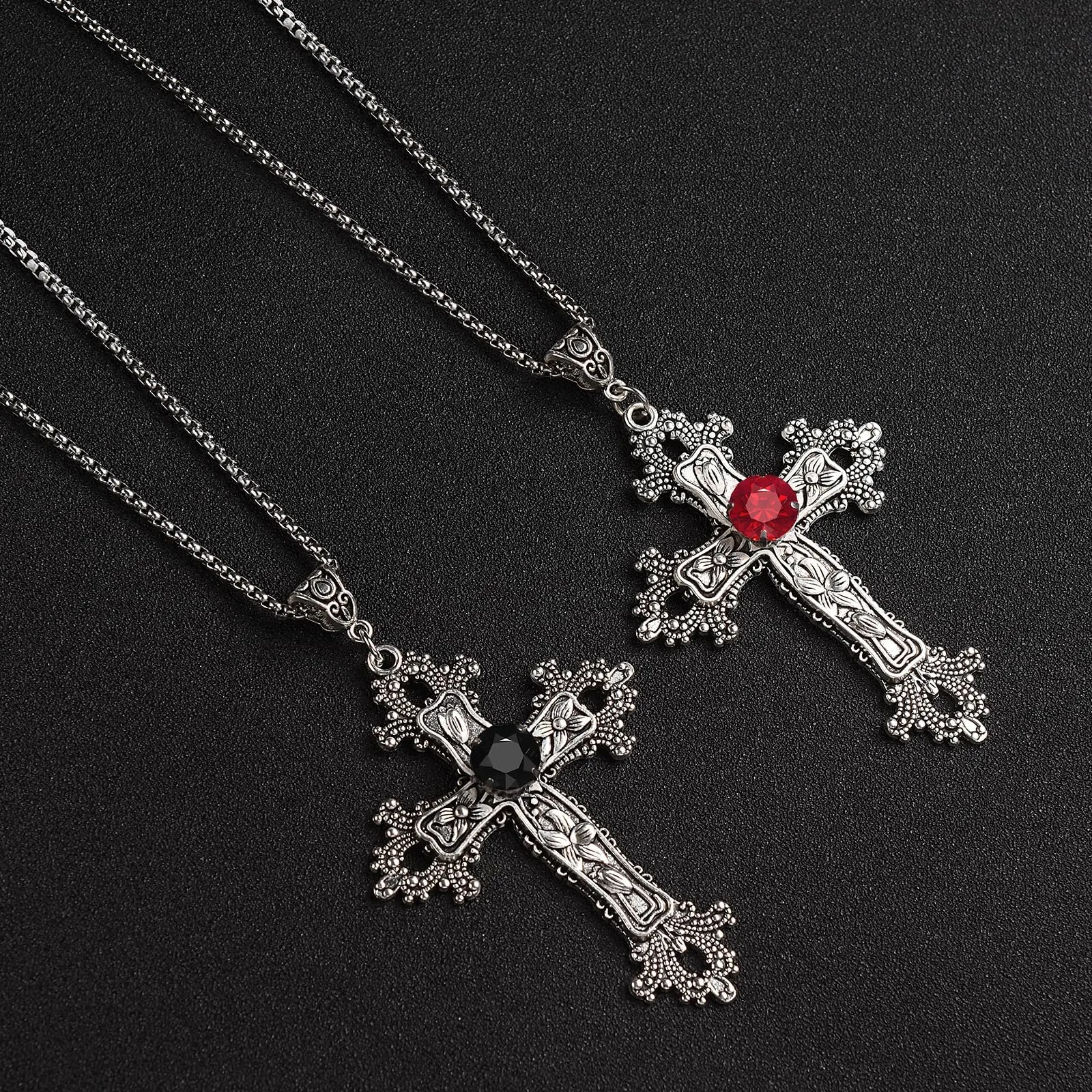 Collana a Croce, Vintage Collane con Croce, Argento Necklace con Ciondolo a Croces, Collanina Donna con Attraverso per Uomini e Donne Accessori per Collanas di Halloween Carnevale(Nero) - immagine 2