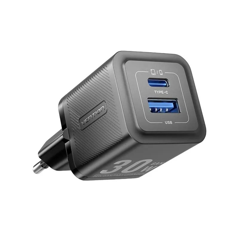 Caricabatterie GaN Vention FEQB0-EU Caricatore a 2 porte (USB-C e USB) 30 W Nero - immagine 1