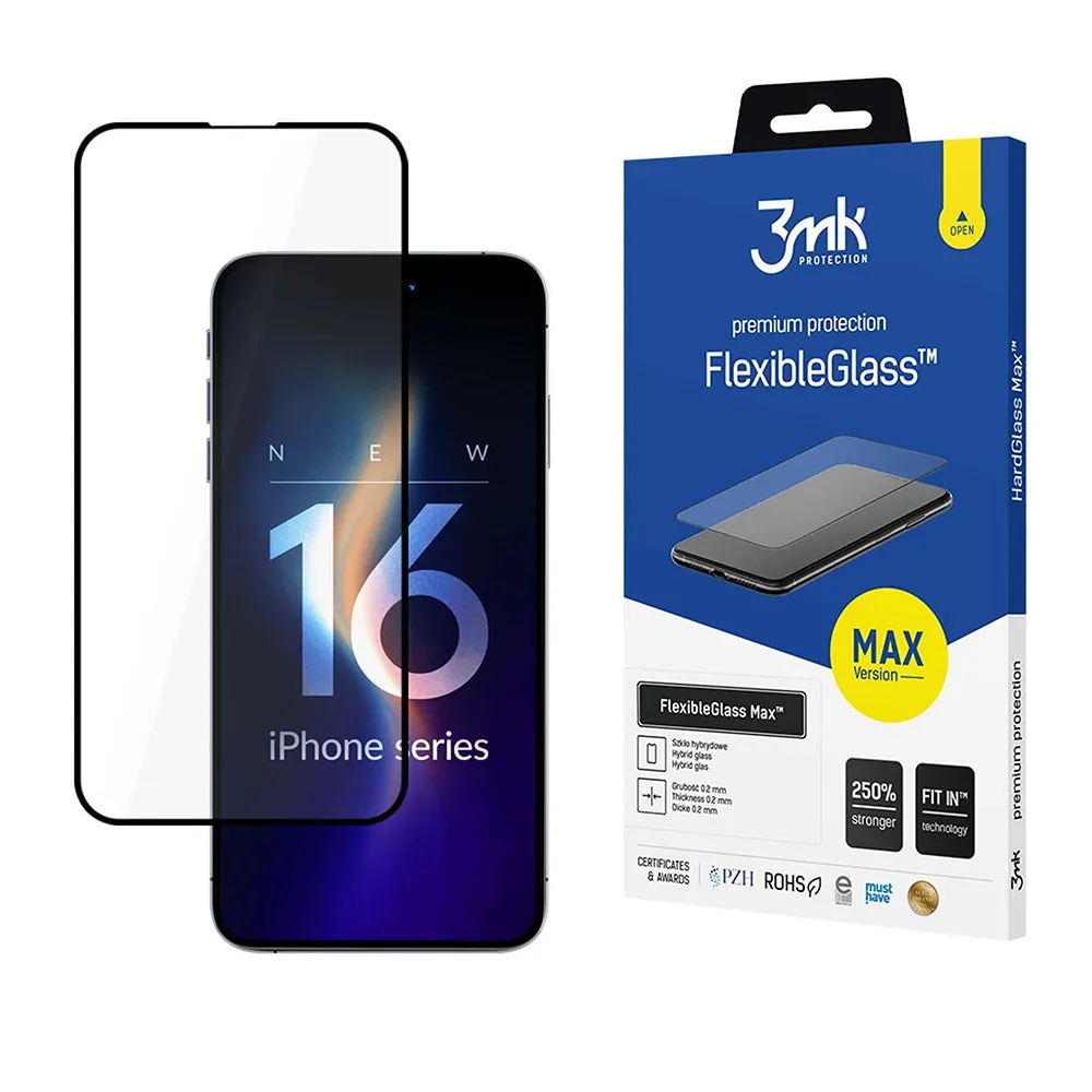 Pellicola protettiva per schermo 3MK FlexibleGlass Max per Apple iPhone 16 Pro, Vetro Flessibile, Full Glue, Nero - immagine 1
