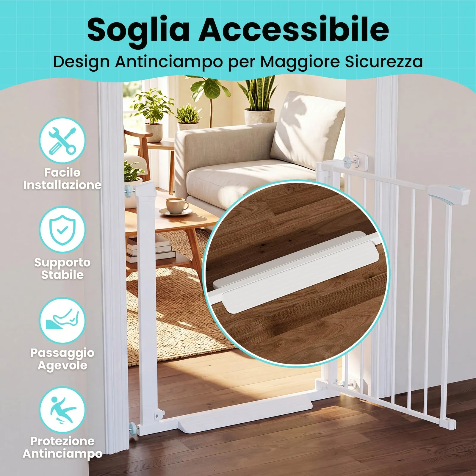 YEAUPE PRO Cancelletto di Sicurezza Per Bambini Senza Fori, 68-73cm, Bianco - immagine 6