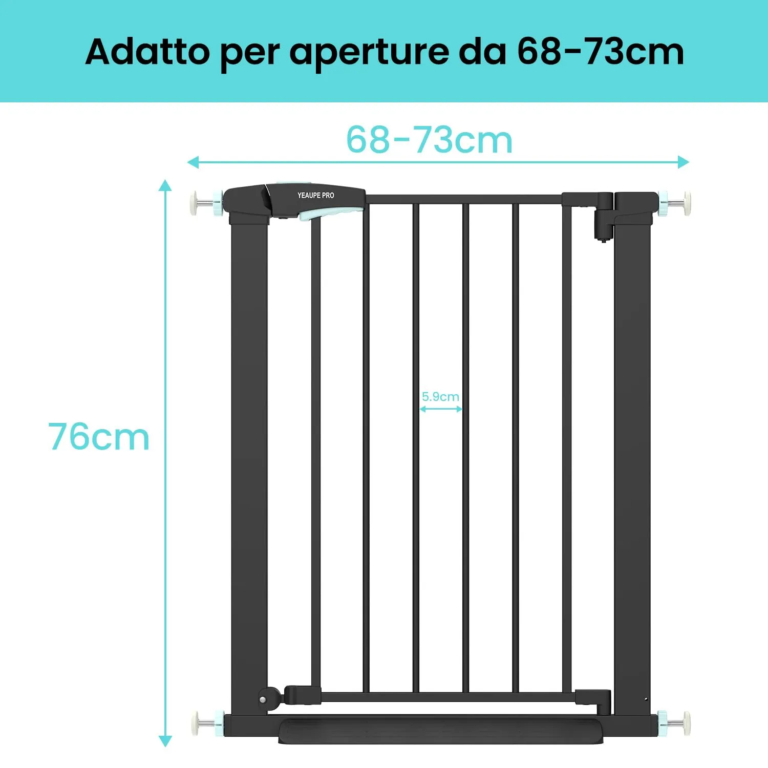 YEAUPE PRO Cancelletto di Sicurezza Per Bambini Senza Fori, 68-73 cm, Nero - immagine 2