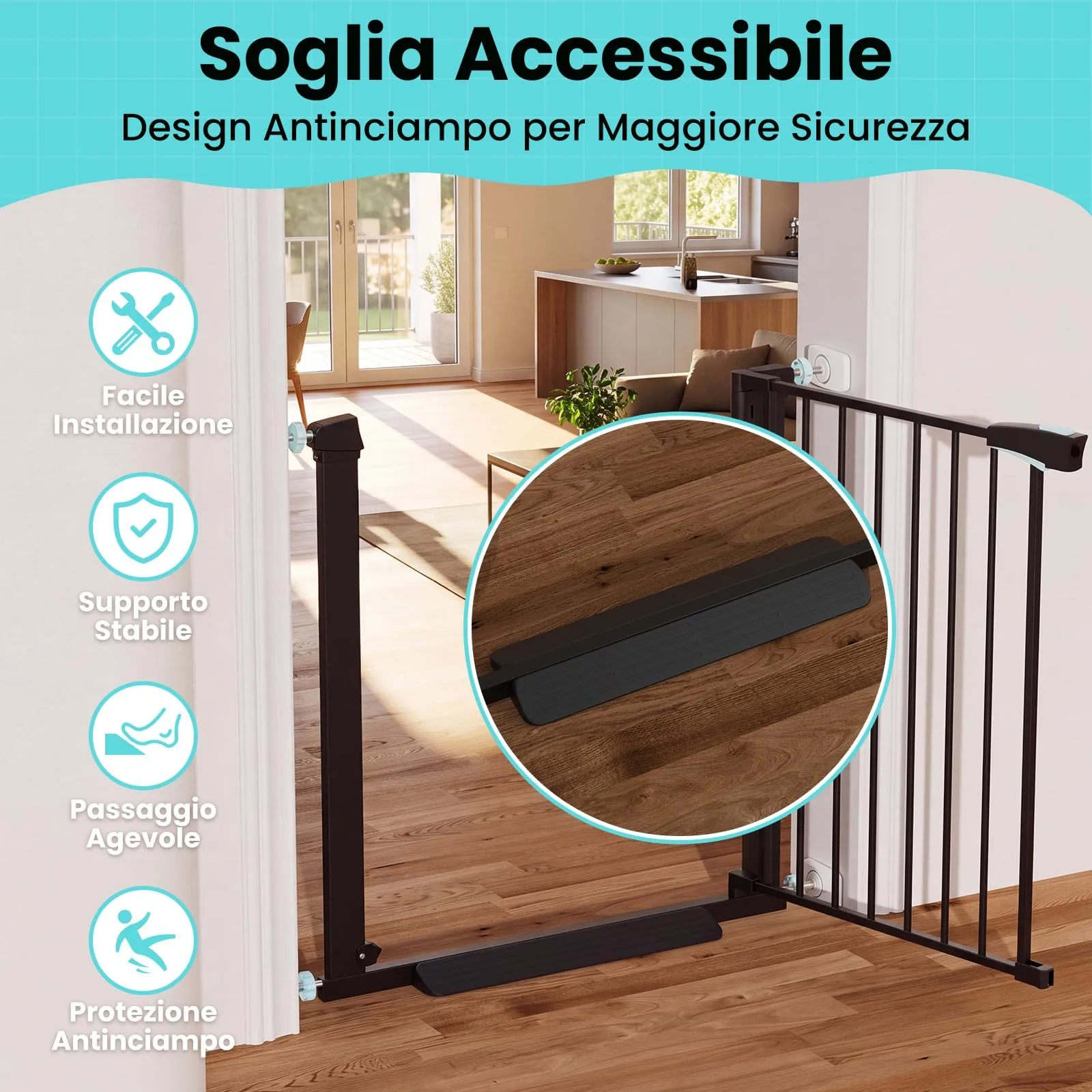 YEAUPE PRO Cancelletto di Sicurezza Per Bambini Senza Fori, 68-73 cm, Nero - immagine 5