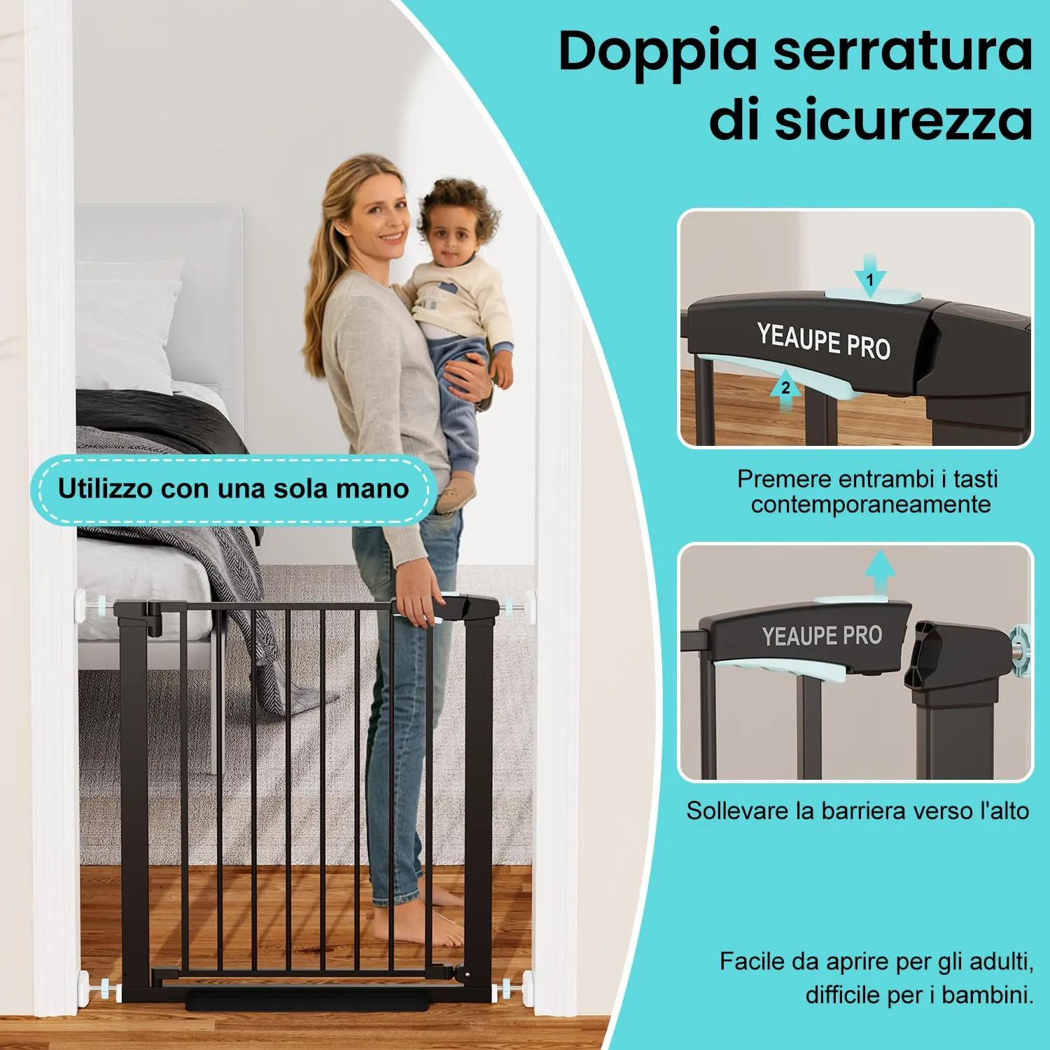 YEAUPE PRO Cancelletto di Sicurezza Per Bambini Senza Fori, 68-73 cm, Nero - immagine 6