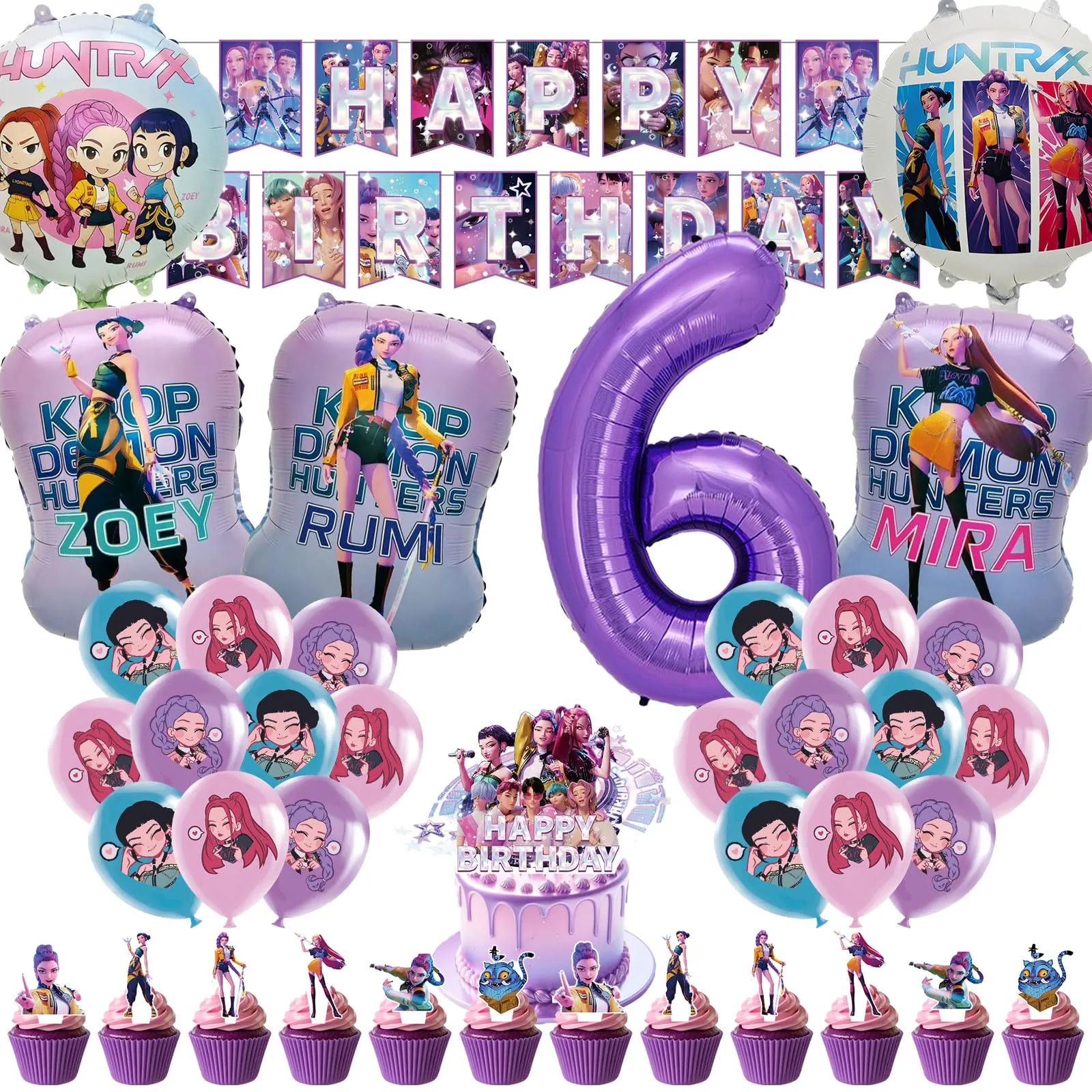 50pcs Set Decorazioni Festa di Compleanno, Tema Cartone Animato con Banner, Palloncini e Topper per Cupcake per Feste di Bambini - immagine 1