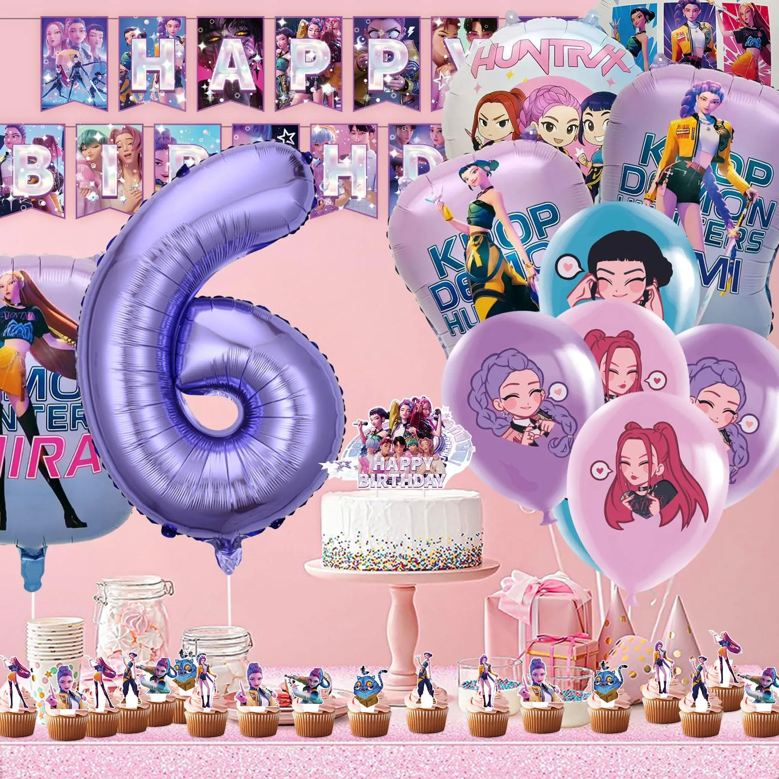 50pcs Set Decorazioni Festa di Compleanno, Tema Cartone Animato con Banner, Palloncini e Topper per Cupcake per Feste di Bambini - immagine 5