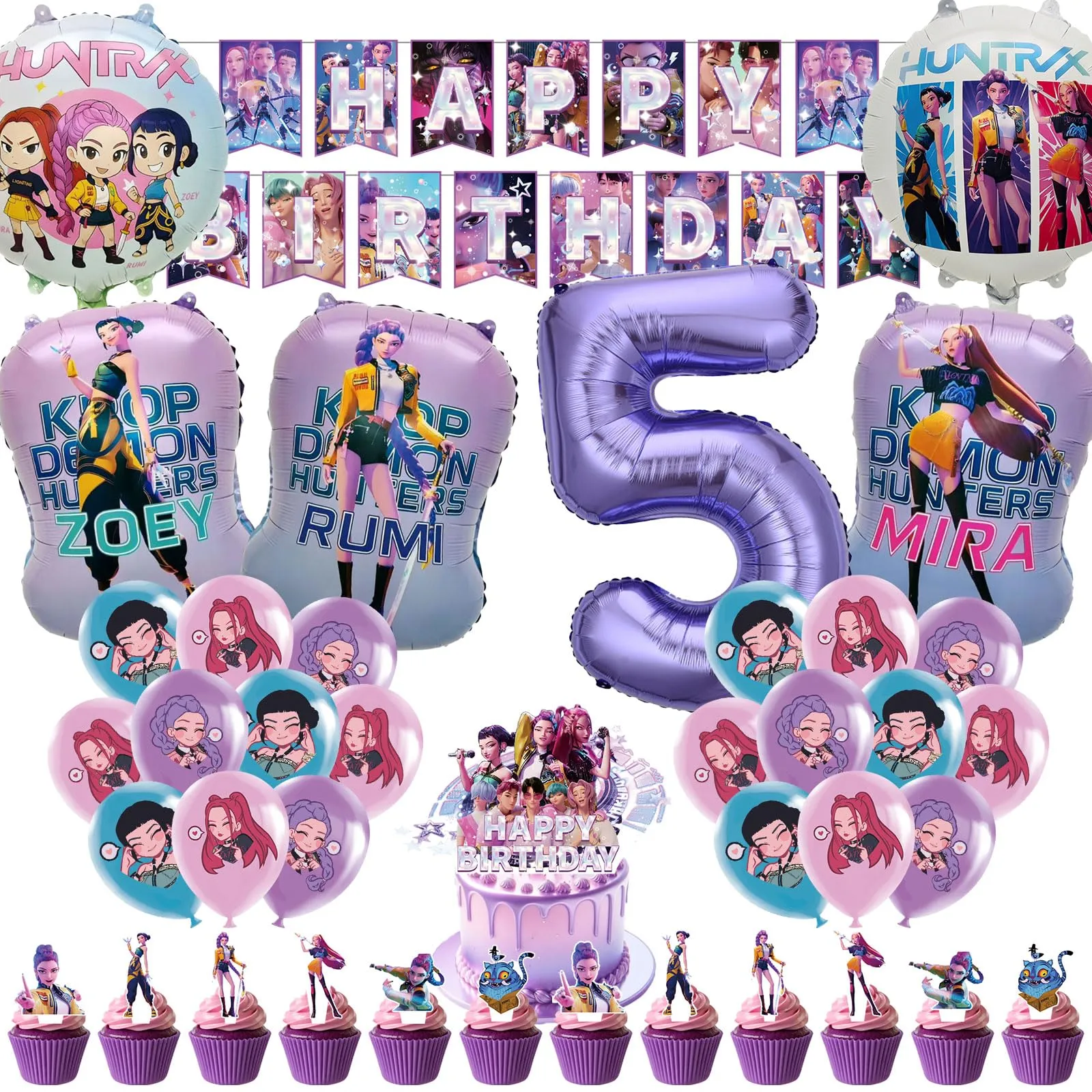 50pcs Set Decorazioni Festa di Compleanno, Tema Cartone Animato con Banner, Palloncini e Topper per Cupcake per Feste di Bambini - immagine 1