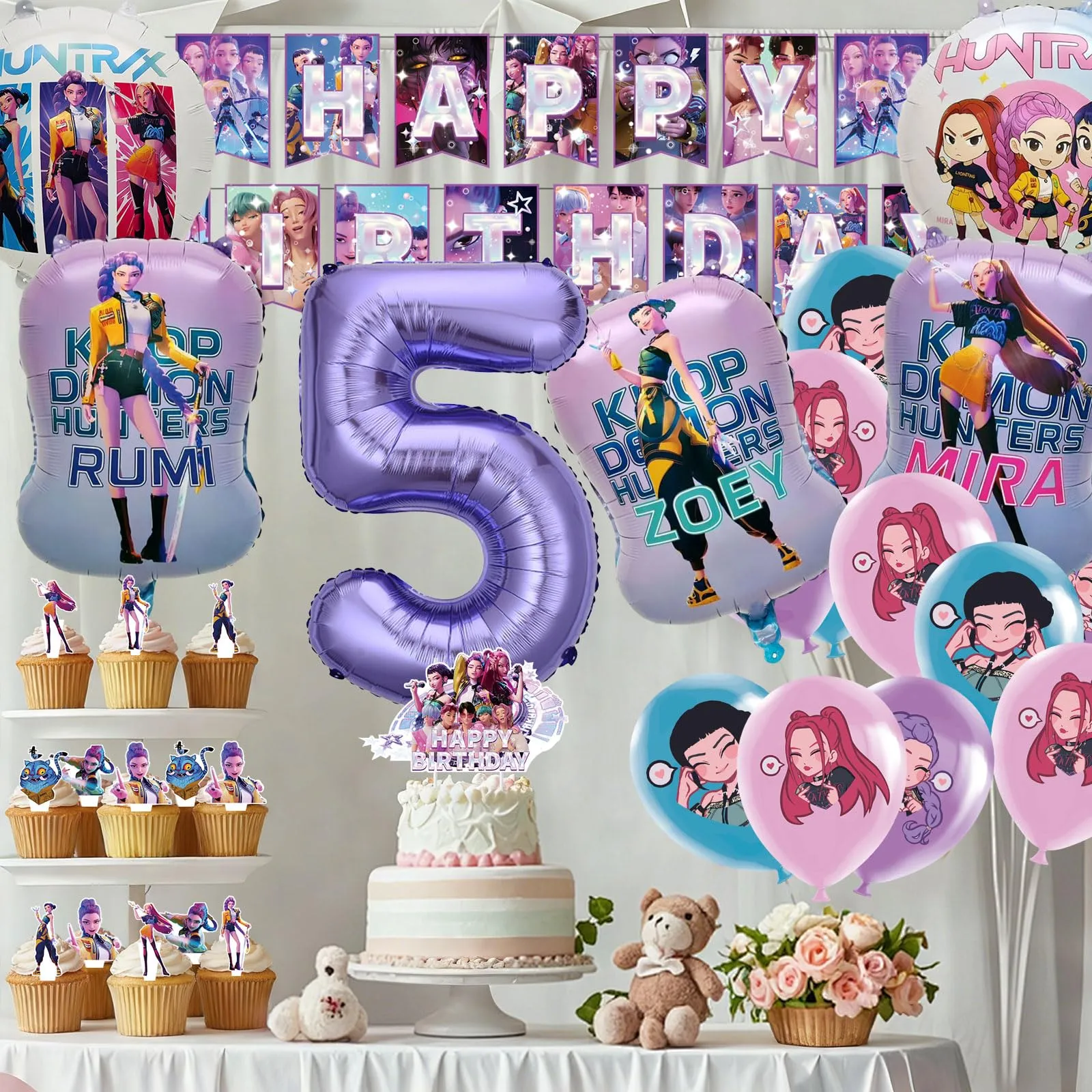 50pcs Set Decorazioni Festa di Compleanno, Tema Cartone Animato con Banner, Palloncini e Topper per Cupcake per Feste di Bambini - immagine 4