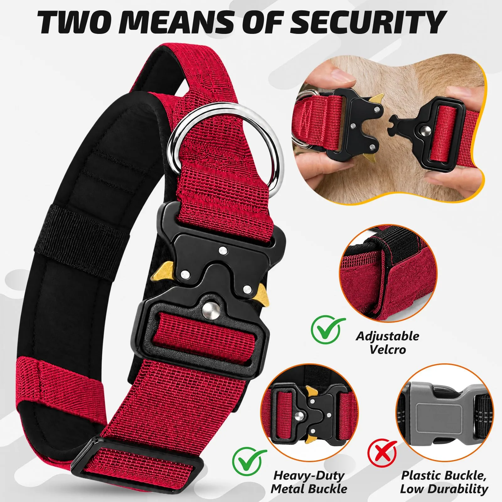 Collare Cane, Collare Tattico Regolabile per Cani Taglia Grande e Media, Larga 3,8 cm, Collari Militare in Nylon per Cani con Maniglia e Robusta Fibbia Metallica Sblocco Rapido (Rosso, XL) - immagine 2