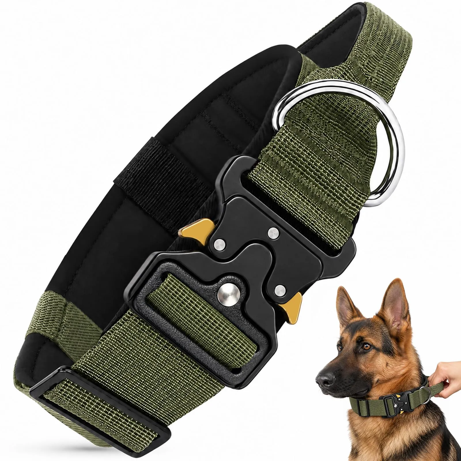 Collare Cane, Collare Tattico Regolabile per Cani Taglia Grande e Media, Larga 3,8 cm, Collari Militare in Nylon per Cani con Maniglia e Robusta Fibbia Metallica Sblocco Rapido (Verde Militare, M) - immagine 1