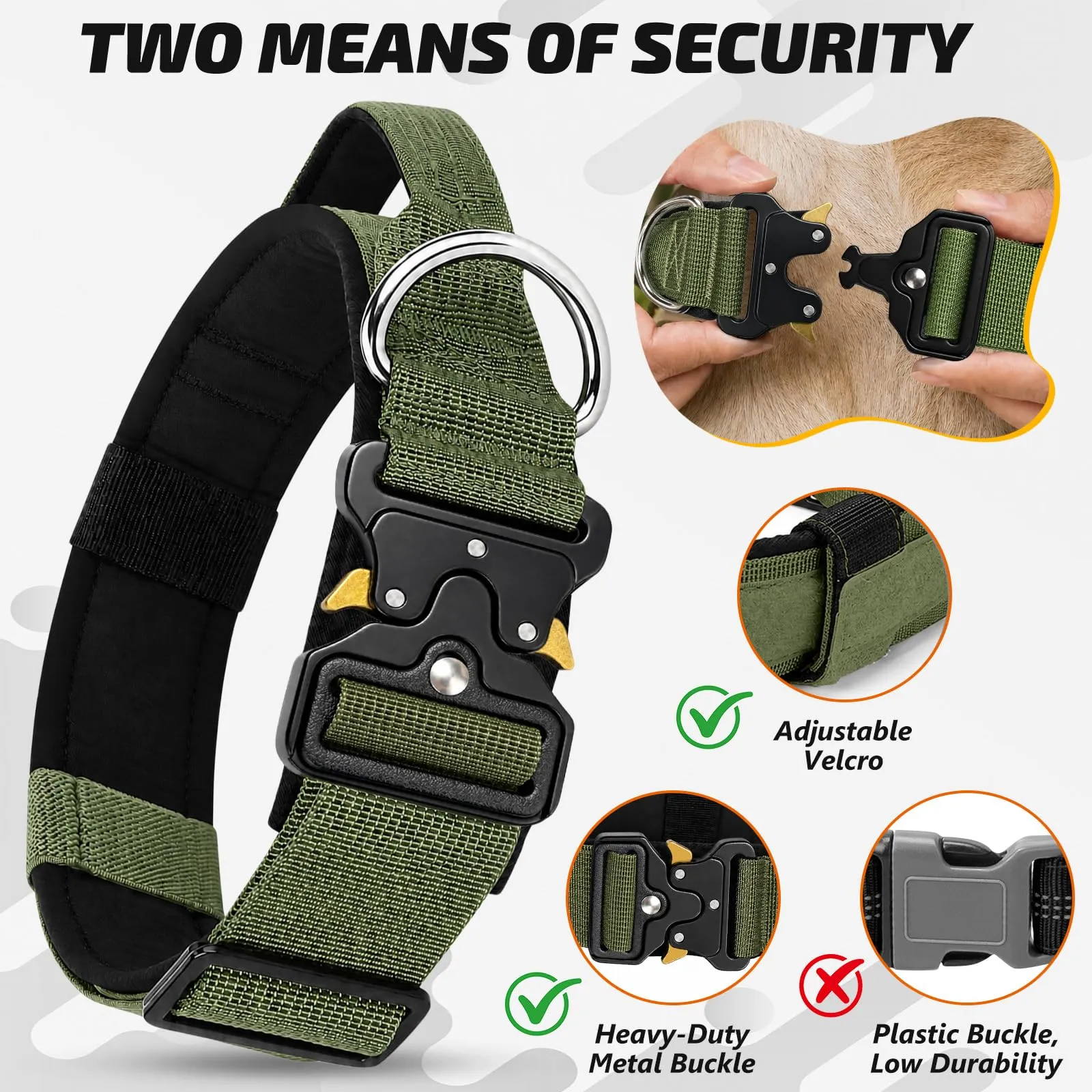 Collare Cane, Collare Tattico Regolabile per Cani Taglia Grande e Media, Larga 3,8 cm, Collari Militare in Nylon per Cani con Maniglia e Robusta Fibbia Metallica Sblocco Rapido (Verde Militare, M) - immagine 2
