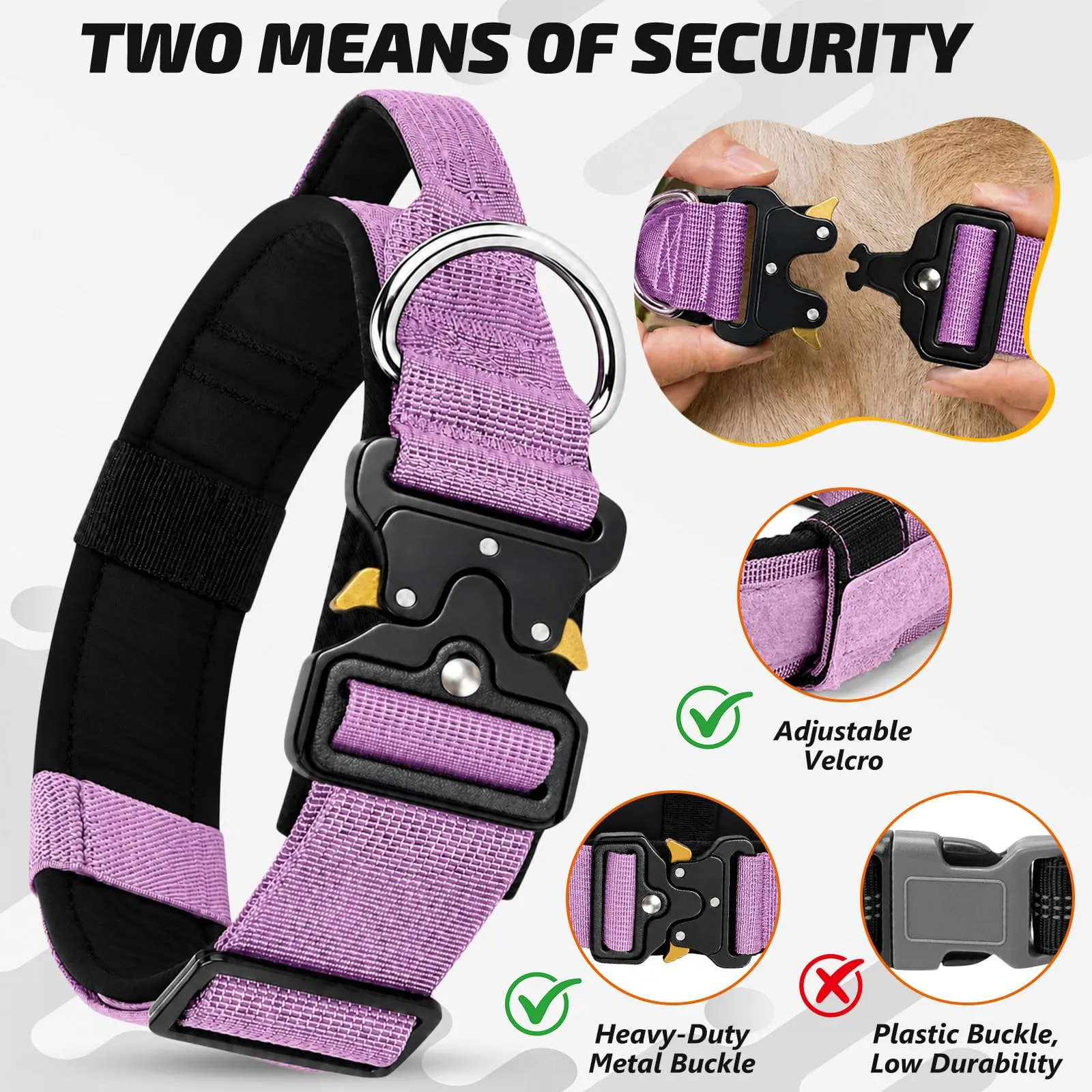 Collare Cane, Collare Tattico Regolabile per Cani Taglia Grande e Media, Larga 3,8 cm, Collari Militare in Nylon per Cani con Maniglia e Robusta Fibbia Metallica Sblocco Rapido (Viola, M) - immagine 2