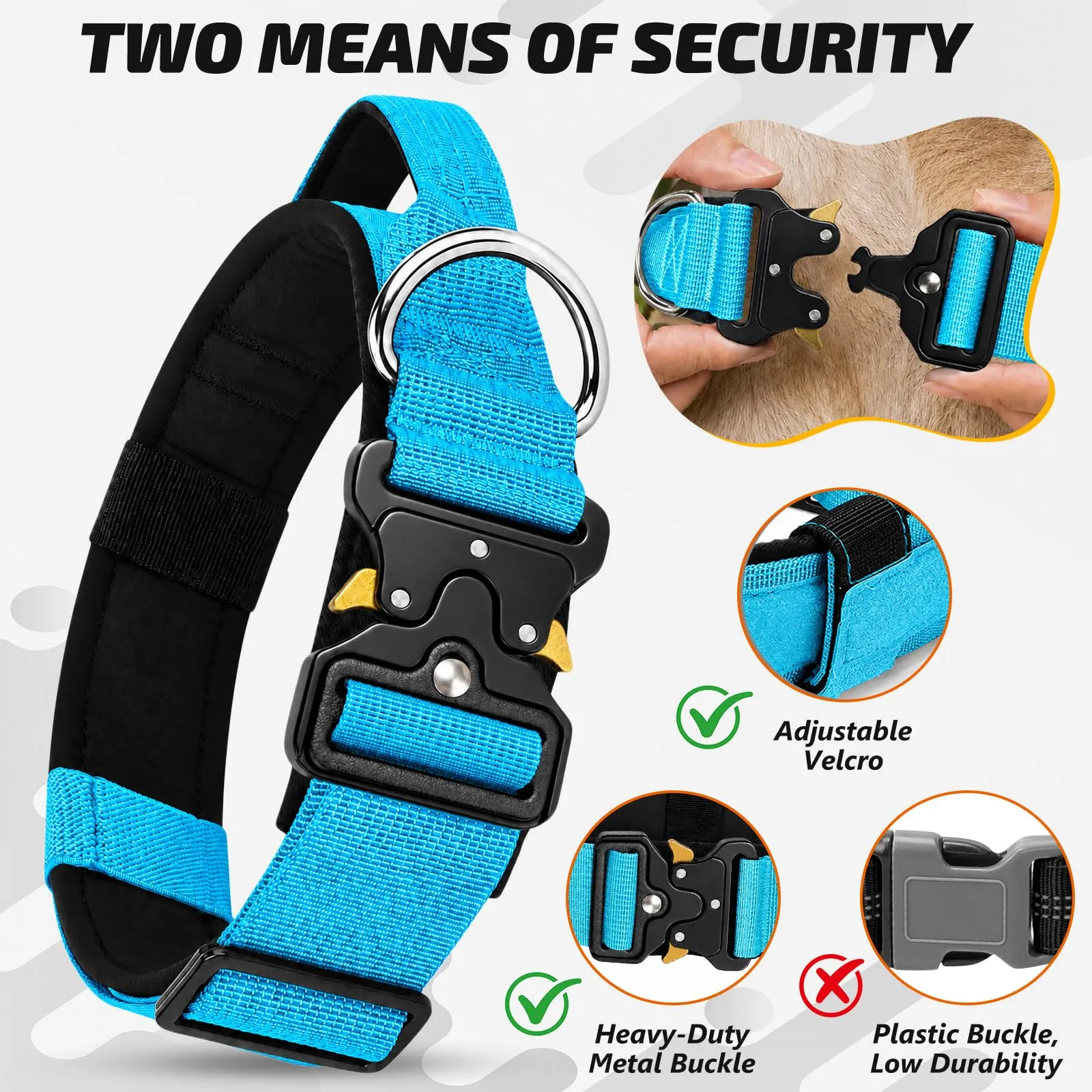 Collare Cane, Collare Tattico Regolabile per Cani Taglia Grande e Media, Larga 3,8 cm, Collari Militare in Nylon per Cani con Maniglia e Robusta Fibbia Metallica Sblocco Rapido (Blu, XL) - immagine 2