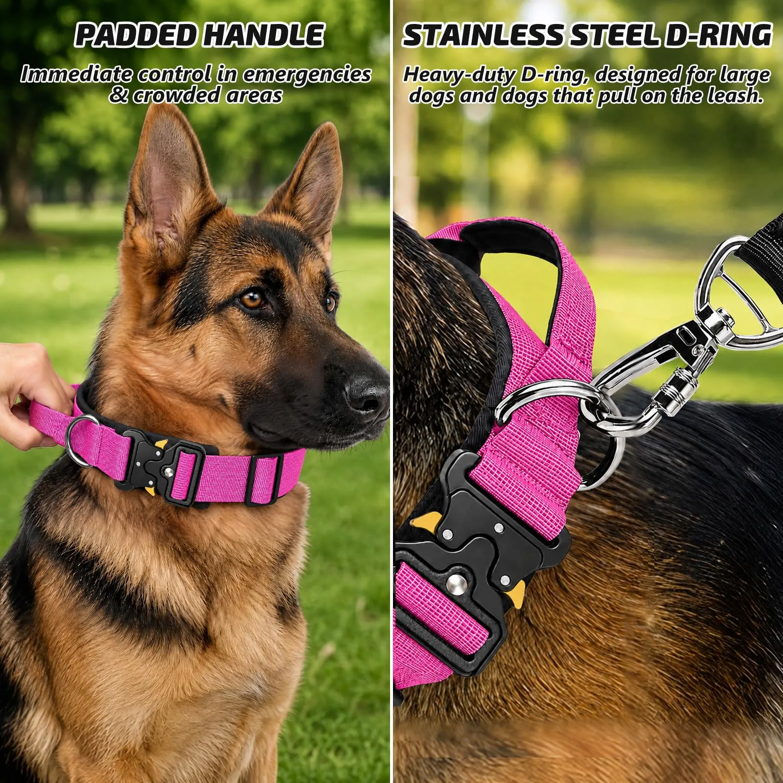 Collare Cane, Collare Tattico Regolabile per Cani Taglia Grande e Media, Larga 3,8 cm, Collari Militare in Nylon per Cani con Maniglia e Robusta Fibbia Metallica Sblocco Rapido (Rosso Rosa, M) - immagine 3