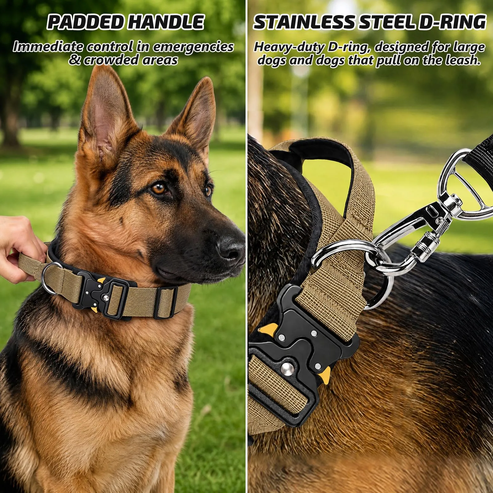 Collare Cane, Collare Tattico Regolabile per Cani Taglia Grande e Media, Larga 3,8 cm, Collari Militare in Nylon per Cani con Maniglia e Robusta Fibbia Metallica Sblocco Rapido (Kaki, M) - immagine 3