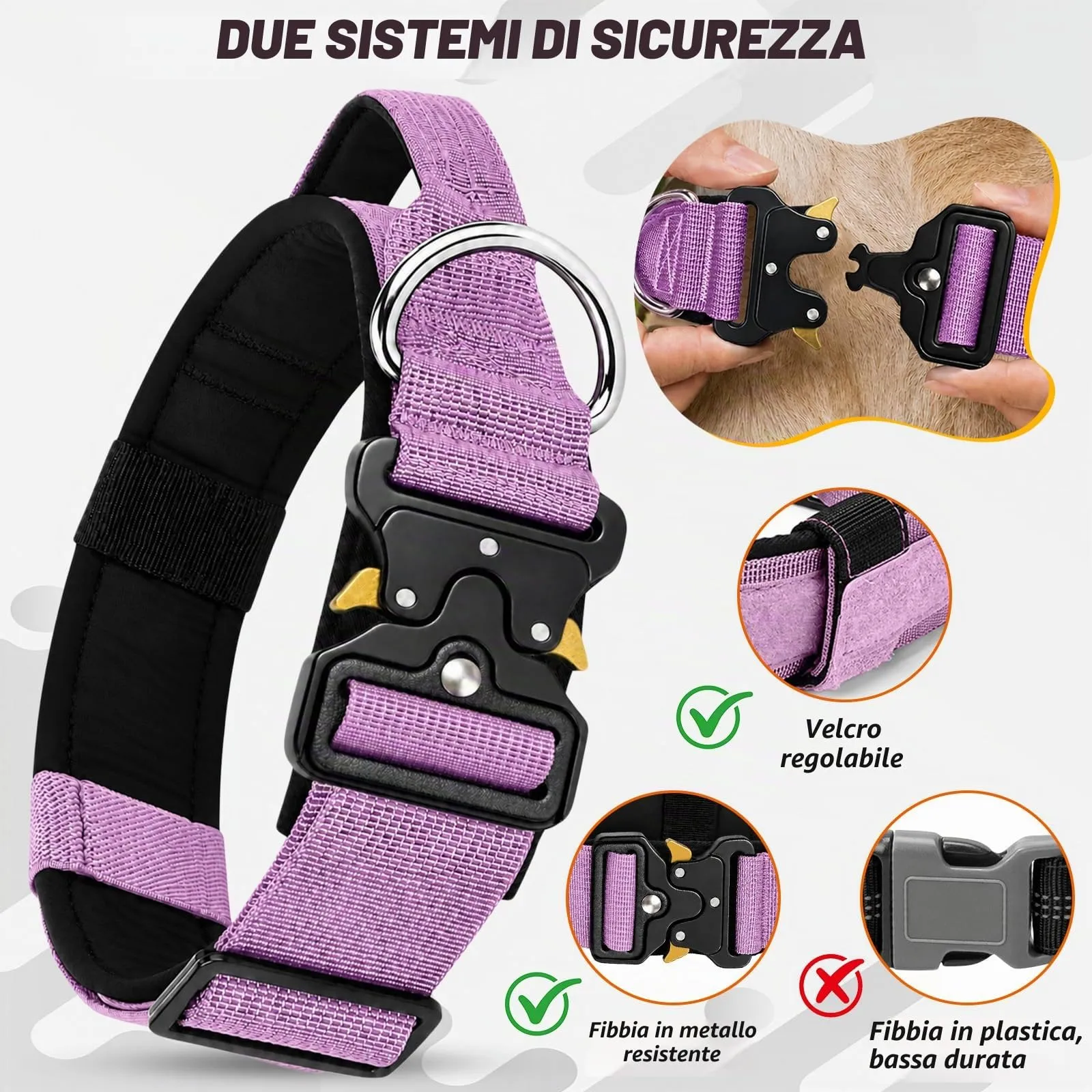 Collare Cane, Collare Tattico Regolabile per Cani Taglia Grande e Media, Larga 3,8 cm, Collari Militare in Nylon per Cani con Maniglia e Robusta Fibbia Metallica Sblocco Rapido (Viola, L) - immagine 2