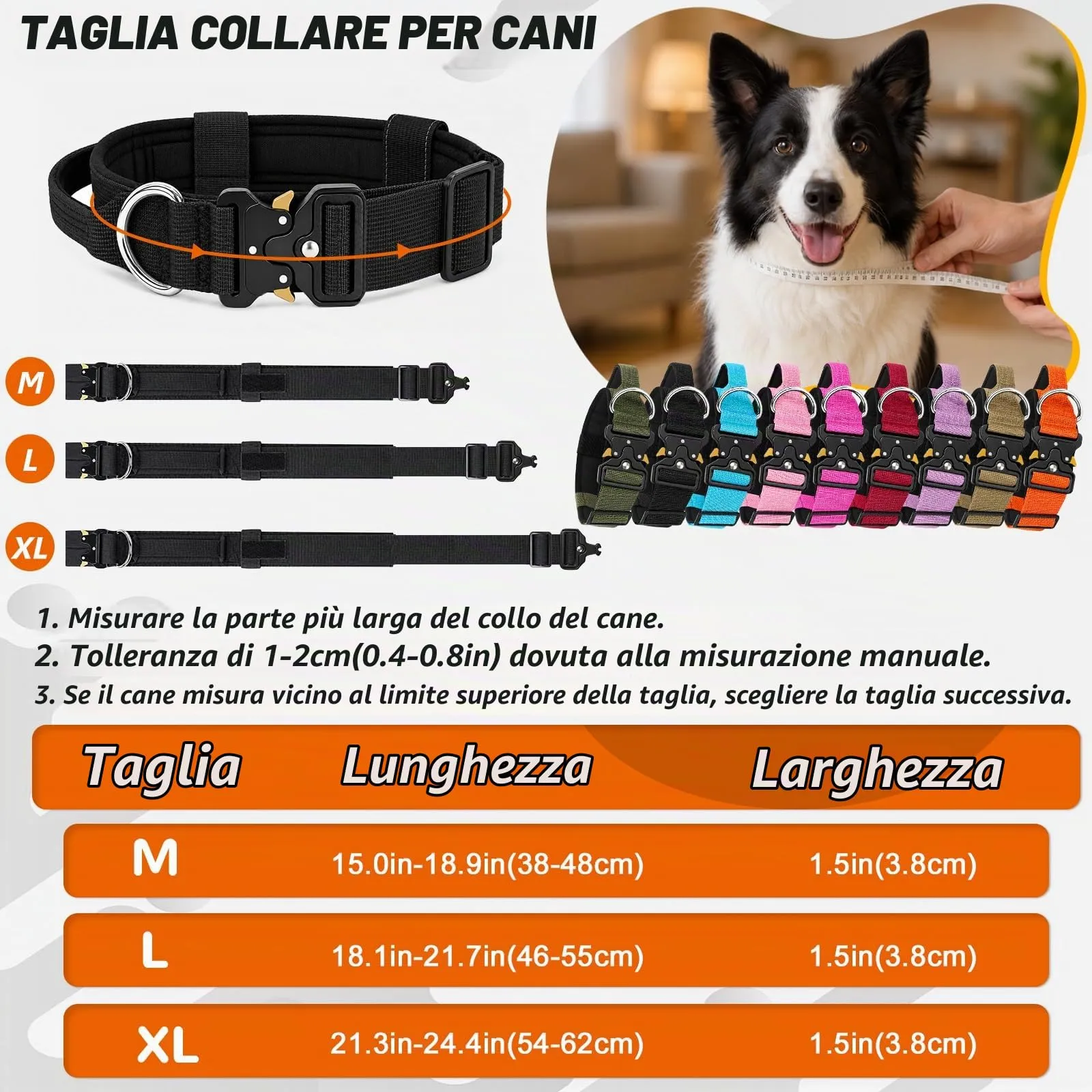 Collare Cane, Collare Tattico Regolabile per Cani Taglia Grande e Media, Larga 3,8 cm, Collari Militare in Nylon per Cani con Maniglia e Robusta Fibbia Metallica Sblocco Rapido (Viola, L) - immagine 5