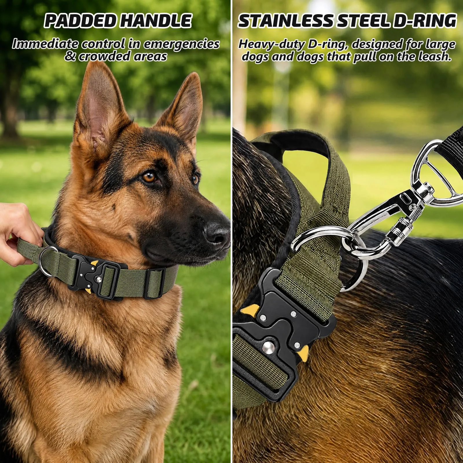 Collare Cane, Collare Tattico Regolabile per Cani Taglia Grande e Media, Larga 3,8 cm, Collari Militare in Nylon per Cani con Maniglia e Robusta Fibbia Metallica Sblocco Rapido (Verde Militare, XL) - immagine 3