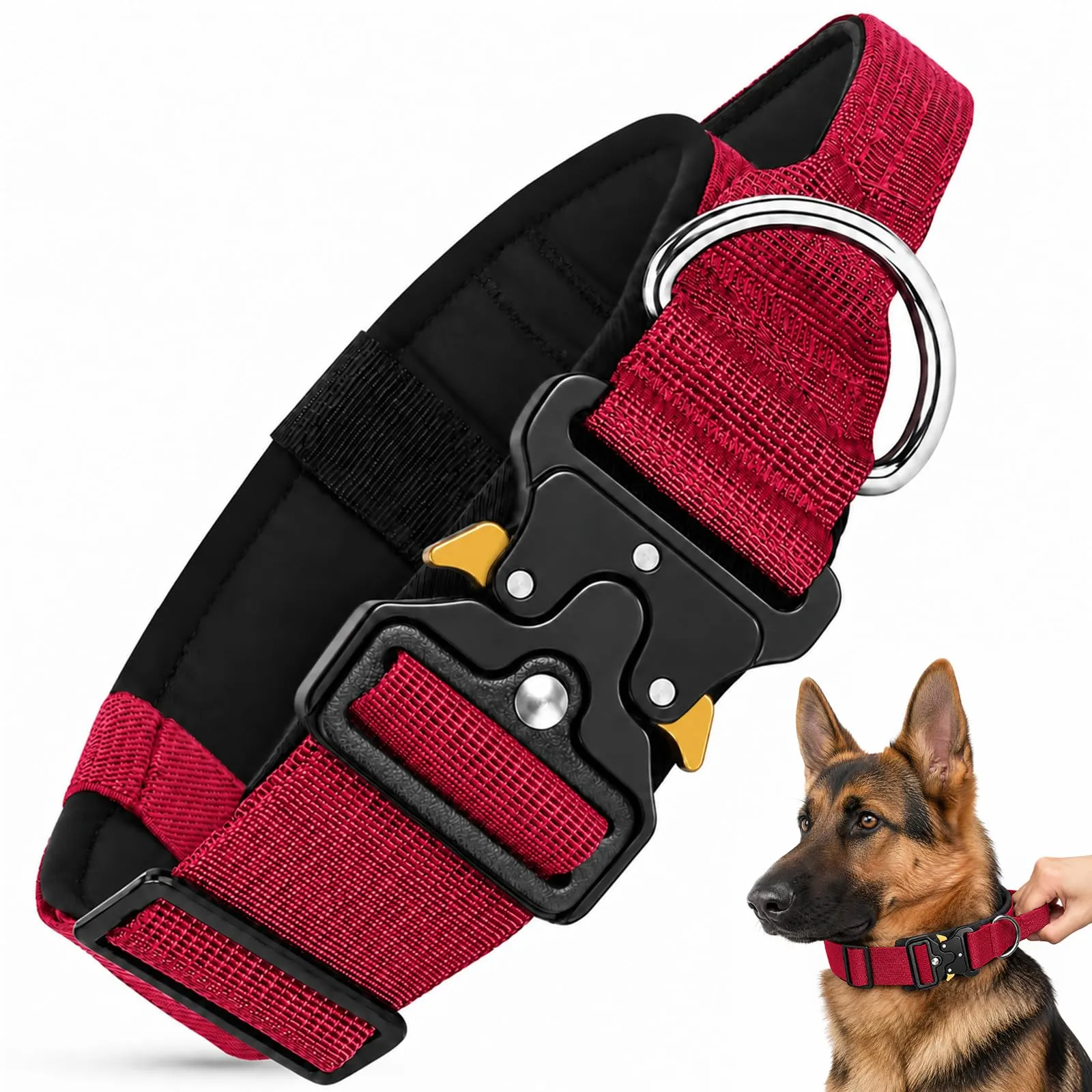 Collare Cane, Collare Tattico Regolabile per Cani Taglia Grande e Media, Larga 3,8 cm, Collari Militare in Nylon per Cani con Maniglia e Robusta Fibbia Metallica Sblocco Rapido (Rosso, M) - immagine 1