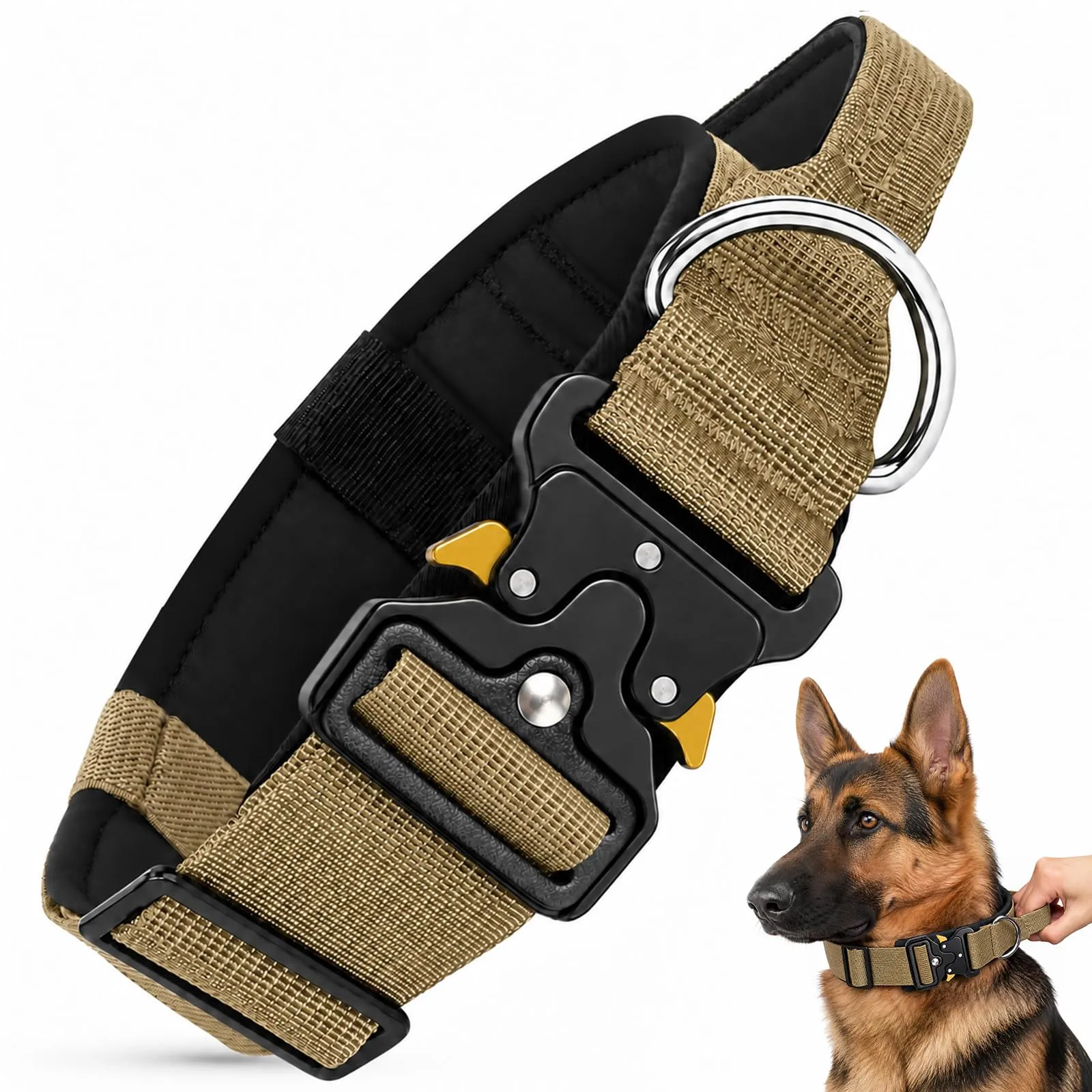 Collare Cane, Collare Tattico Regolabile per Cani Taglia Grande e Media, Larga 3,8 cm, Collari Militare in Nylon per Cani con Maniglia e Robusta Fibbia Metallica Sblocco Rapido (Kaki, L) - immagine 1